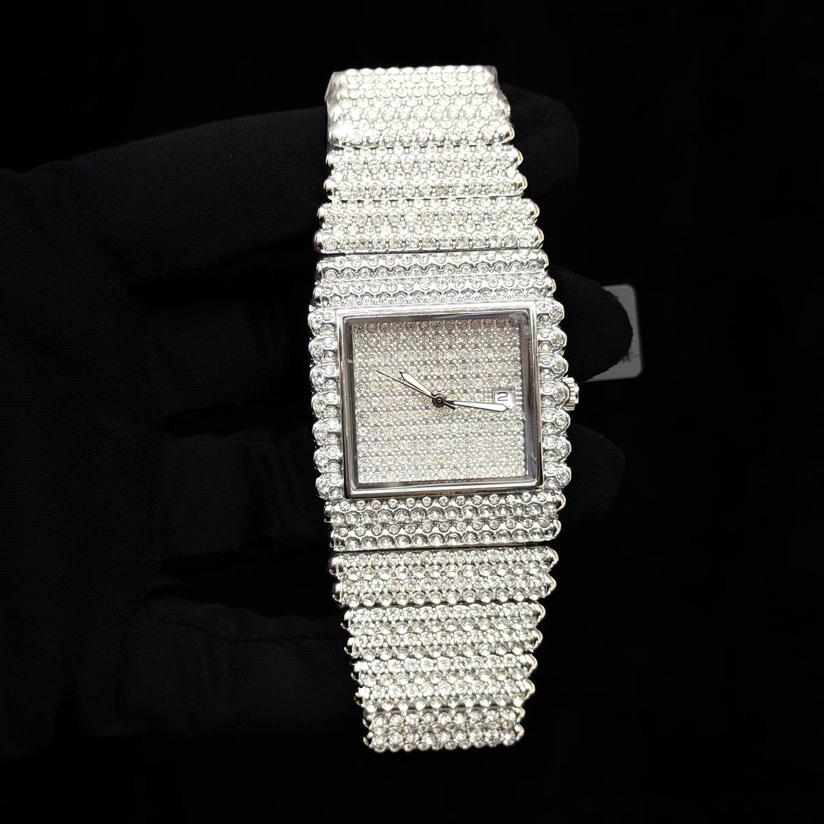 Men’s 39mm Iced Out Square Watch - Metal Band, Quartz Movement