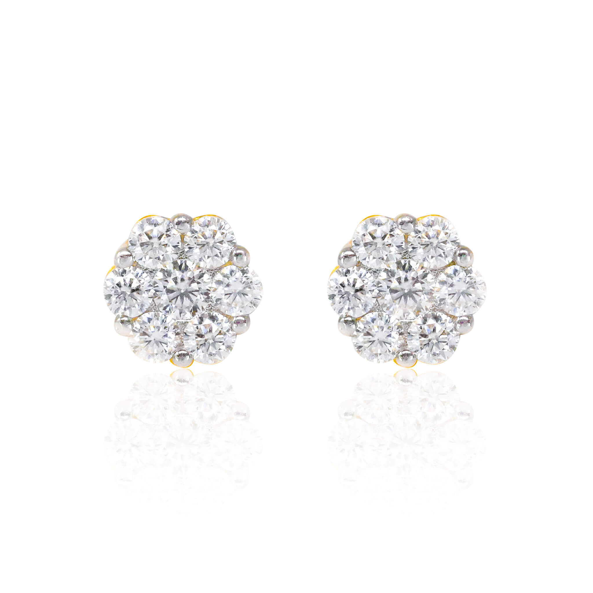 10mm moissanite cluster earrings in sterling silver with round 0.96ct diamonds, front view.