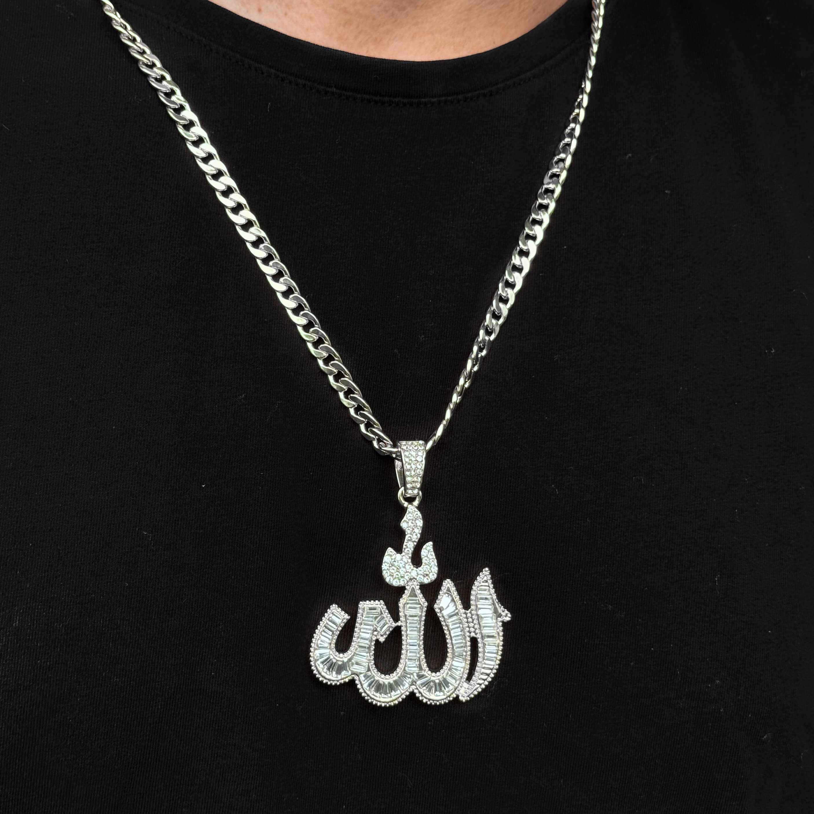 Silver Men's Large Baguette Allah Pendant with 6mm Cuban Chain displayed on model’s chest.