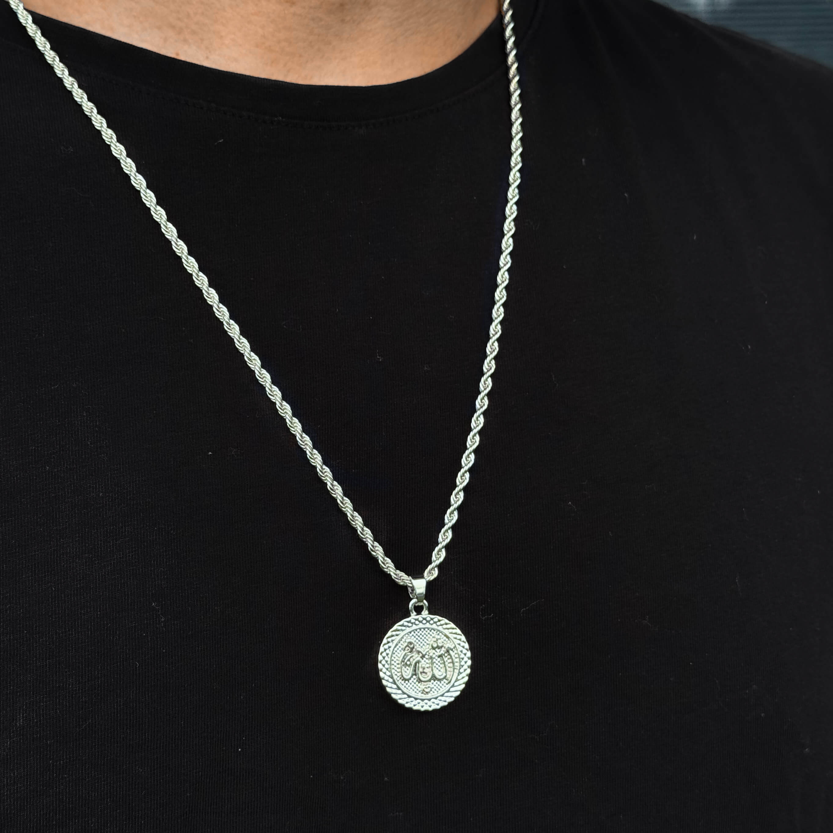 Silver Men's 30mm Iced-Out Allah Medallion Pendant on 5mm rope chain displayed on model.