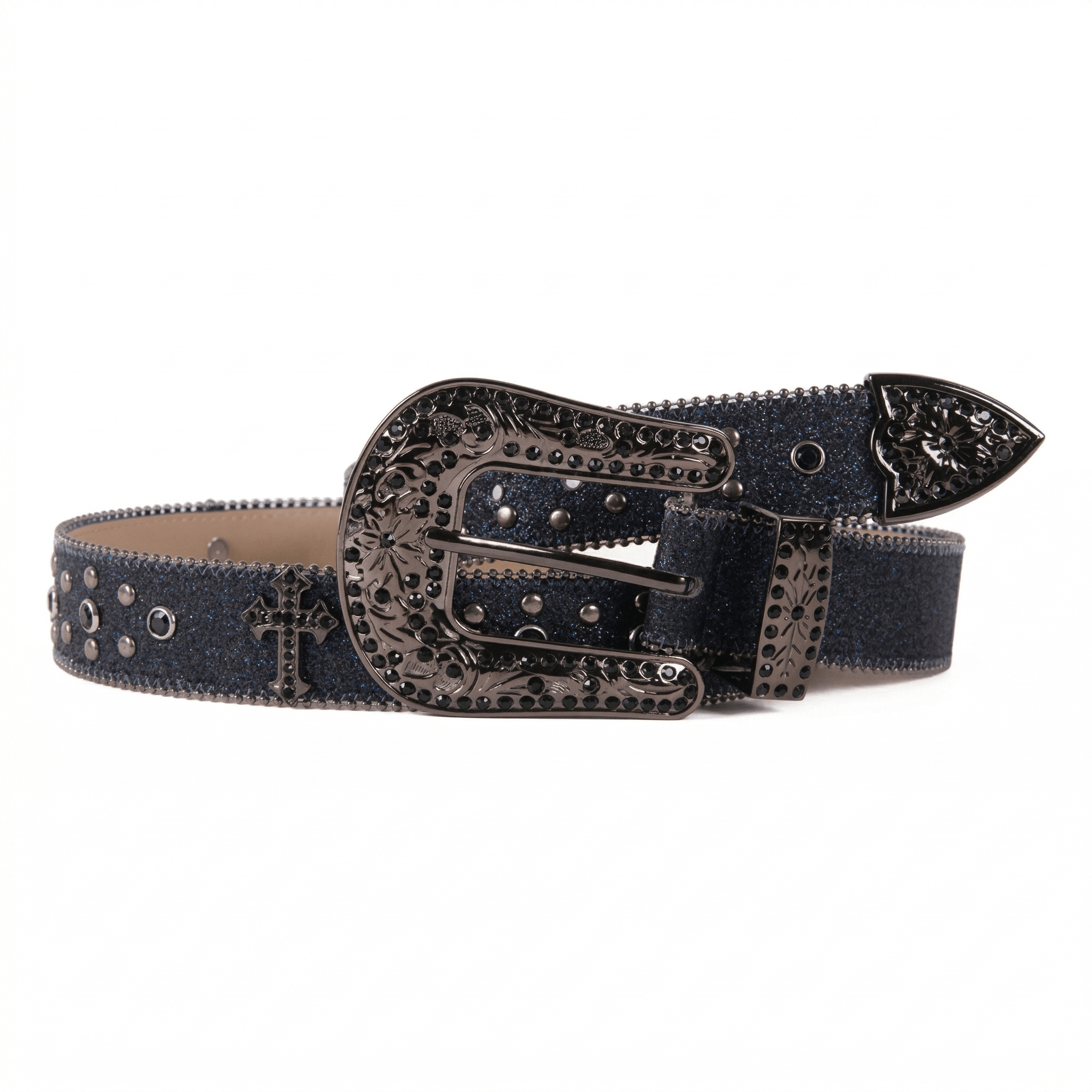 Iced Out Faux Leather Belt with Cross Details