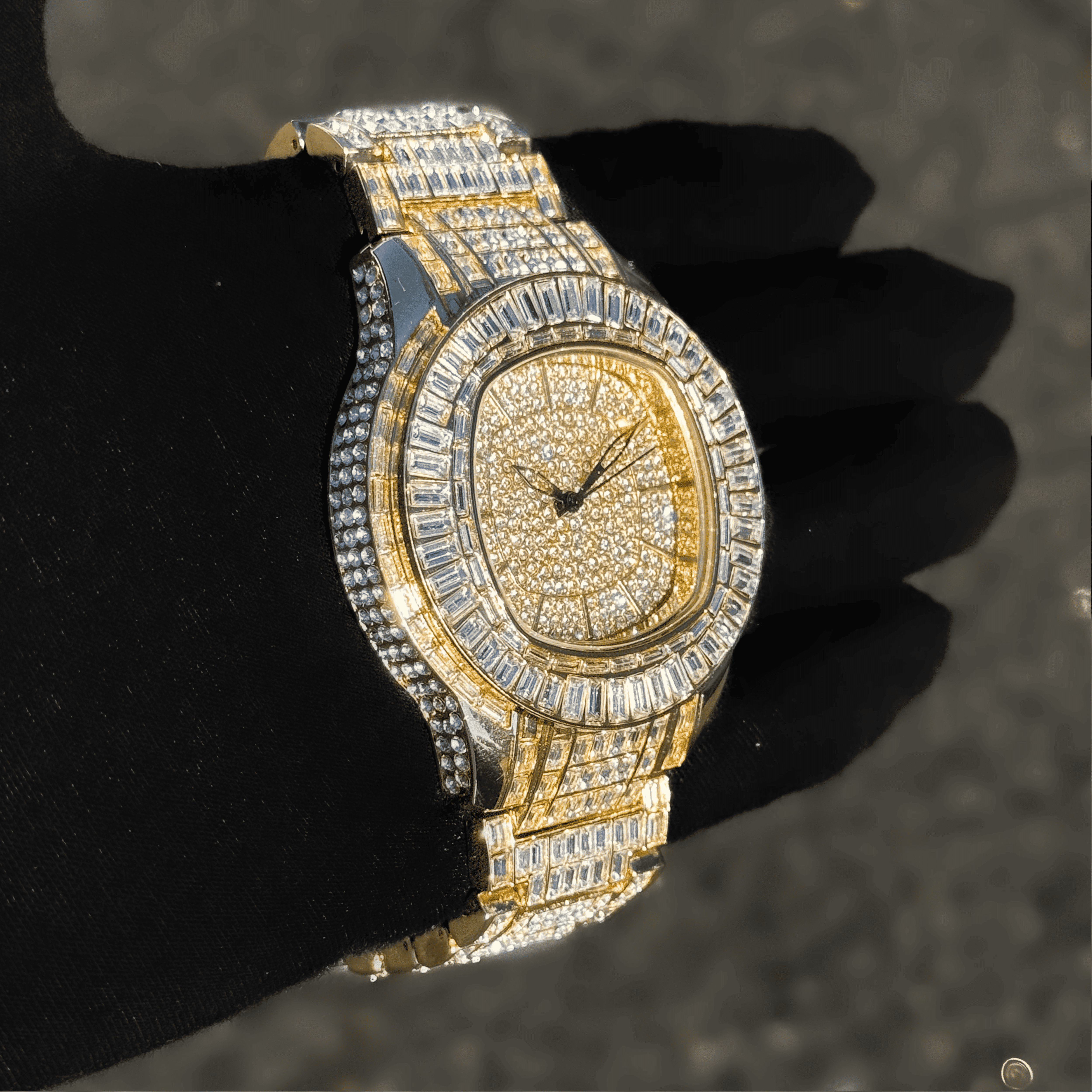 Side view of gold Men’s 48mm Fully Iced Out Baguette Watch with diamond-style pavé detailing.