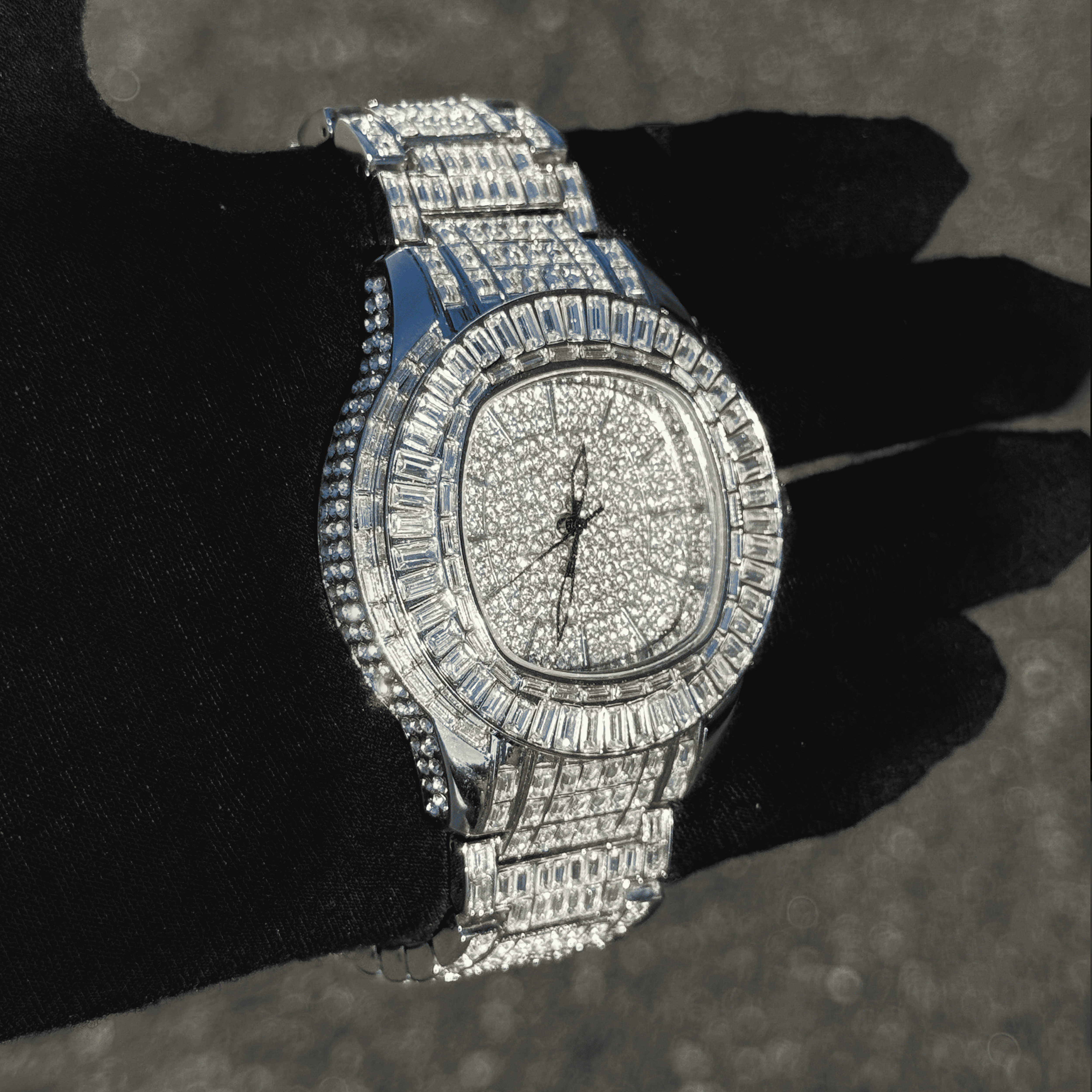 Angled side view of silver Men’s 48mm Fully Iced Out Baguette Watch with luxury shine.