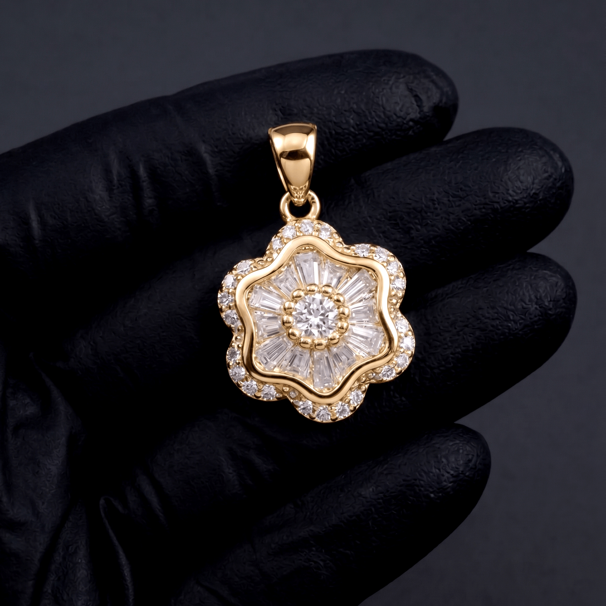 Iced Out 0.59CT Moissanite Round & Baguette Flower Pendant in Premium Sterling Silver