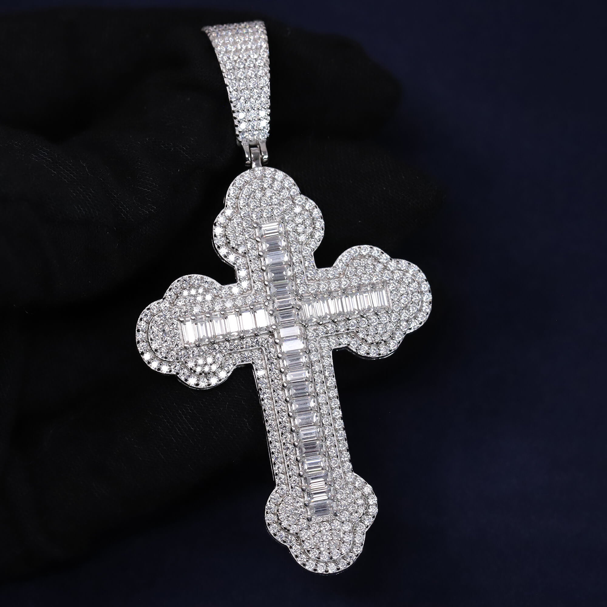 Iced Out 7.98CT Moissanite Budded Cross Pendant in Premium Sterling Silver