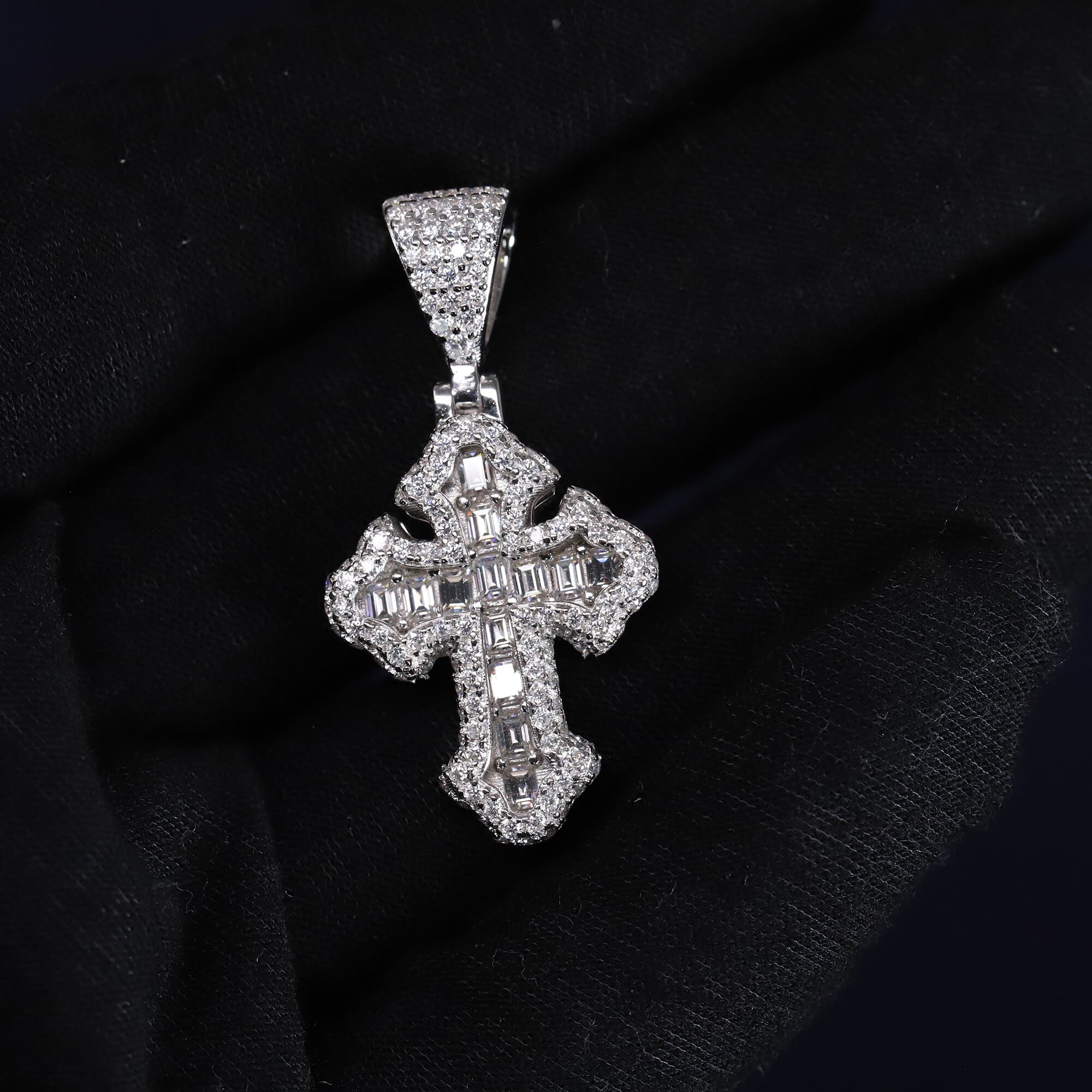 Iced Out 2.49CT Moissanite Baguette Flared Cross Pendant in Premium Sterling Silver