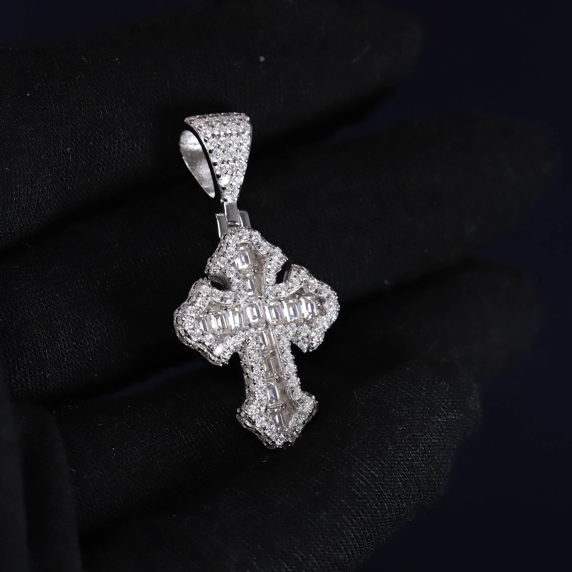 Iced Out 2.49CT Moissanite Baguette Flared Cross Pendant in Premium Sterling Silver