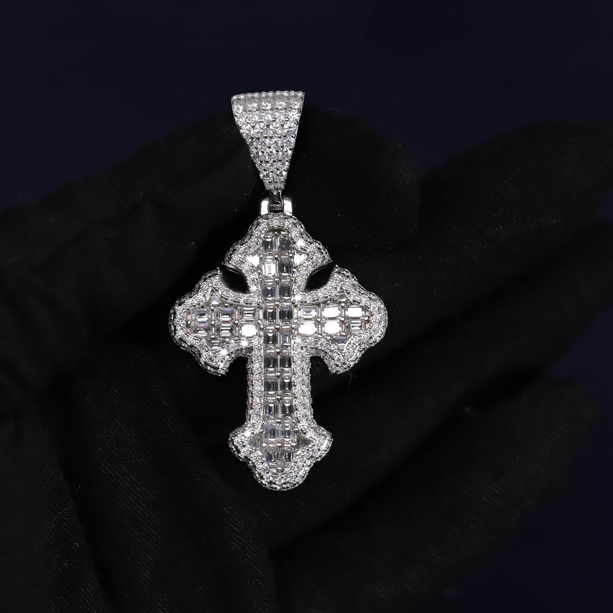 Iced Out 5.93CT Moissanite Flared Cross Pendant in Premium Sterling Silver
