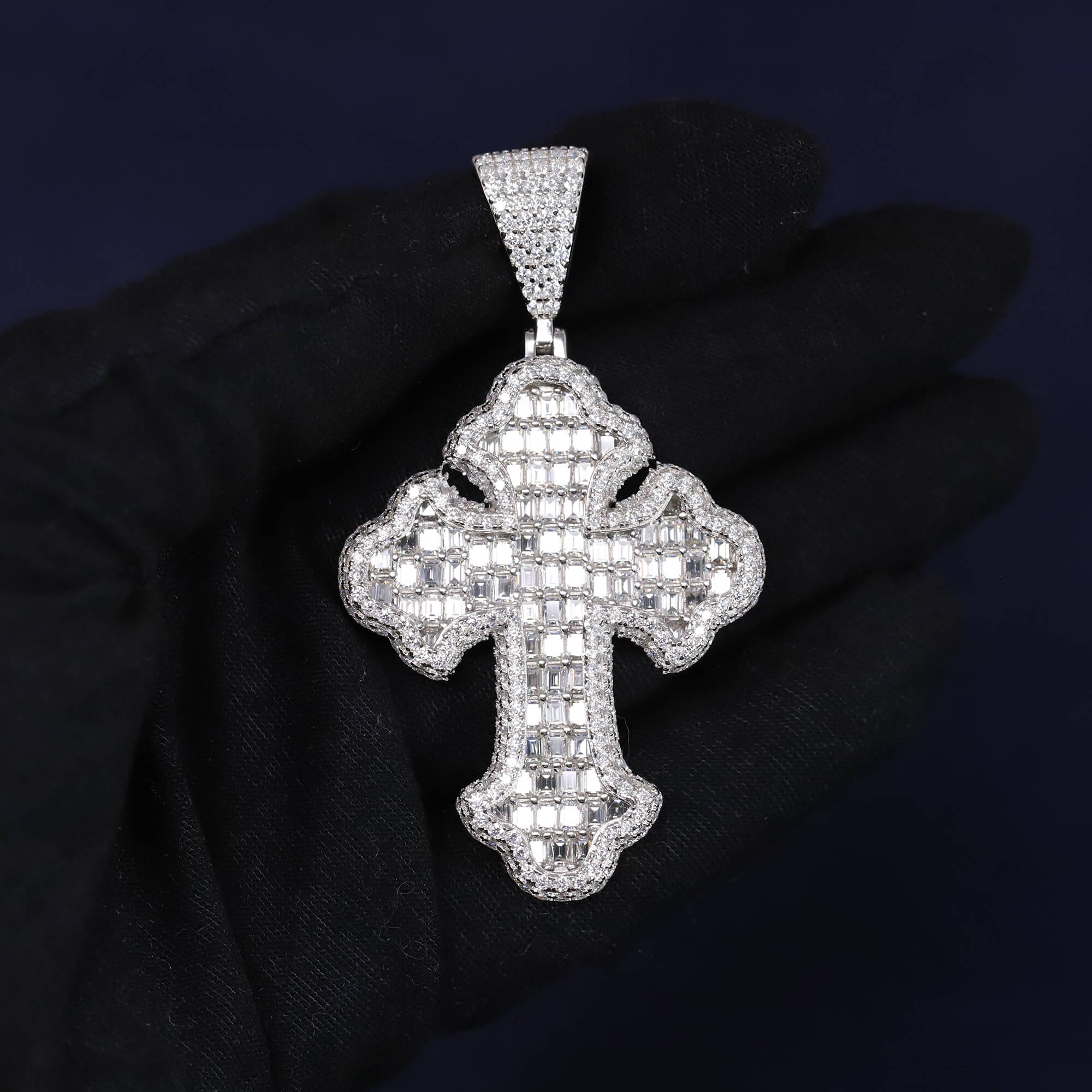 Baguette Iced Out 11.1CT Moissanite Flared Cross Pendant in Premium Sterling Silver