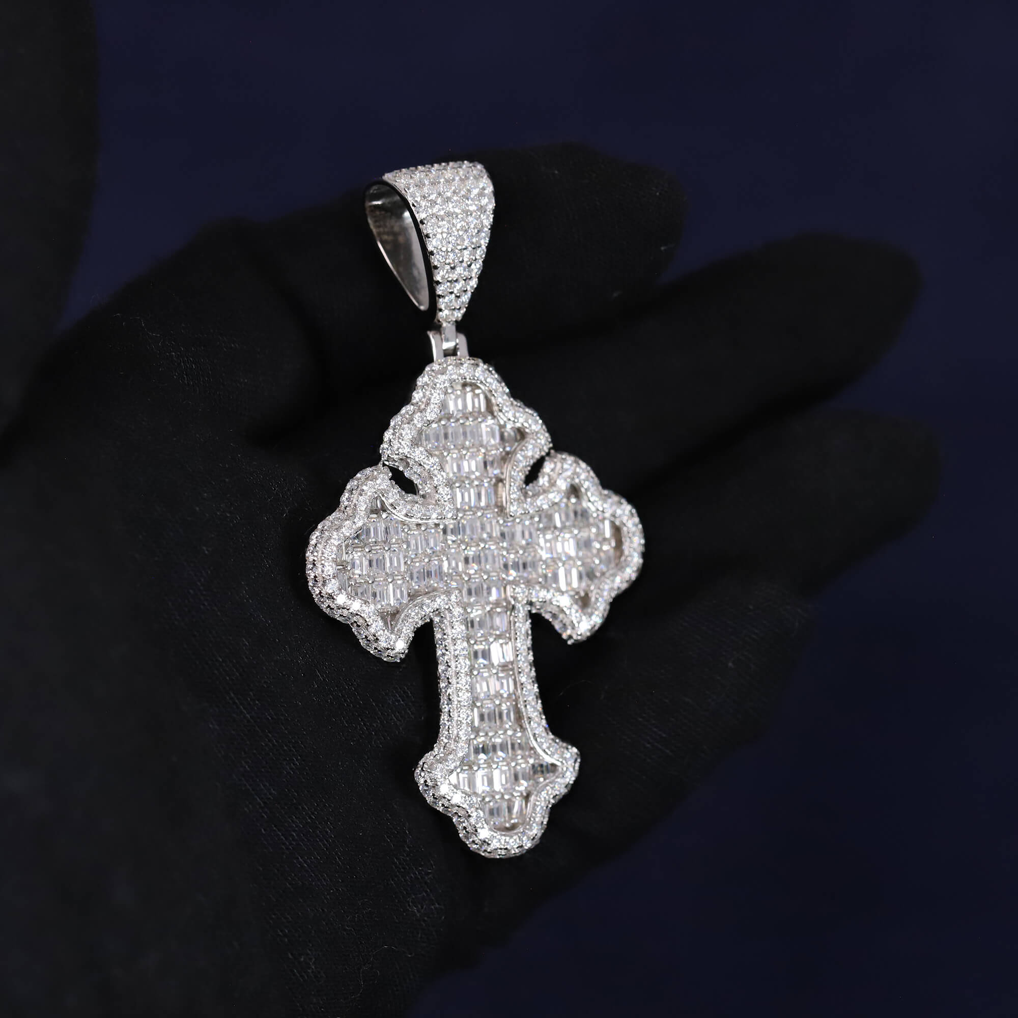 Baguette Iced Out 11.1CT Moissanite Flared Cross Pendant in Premium Sterling Silver