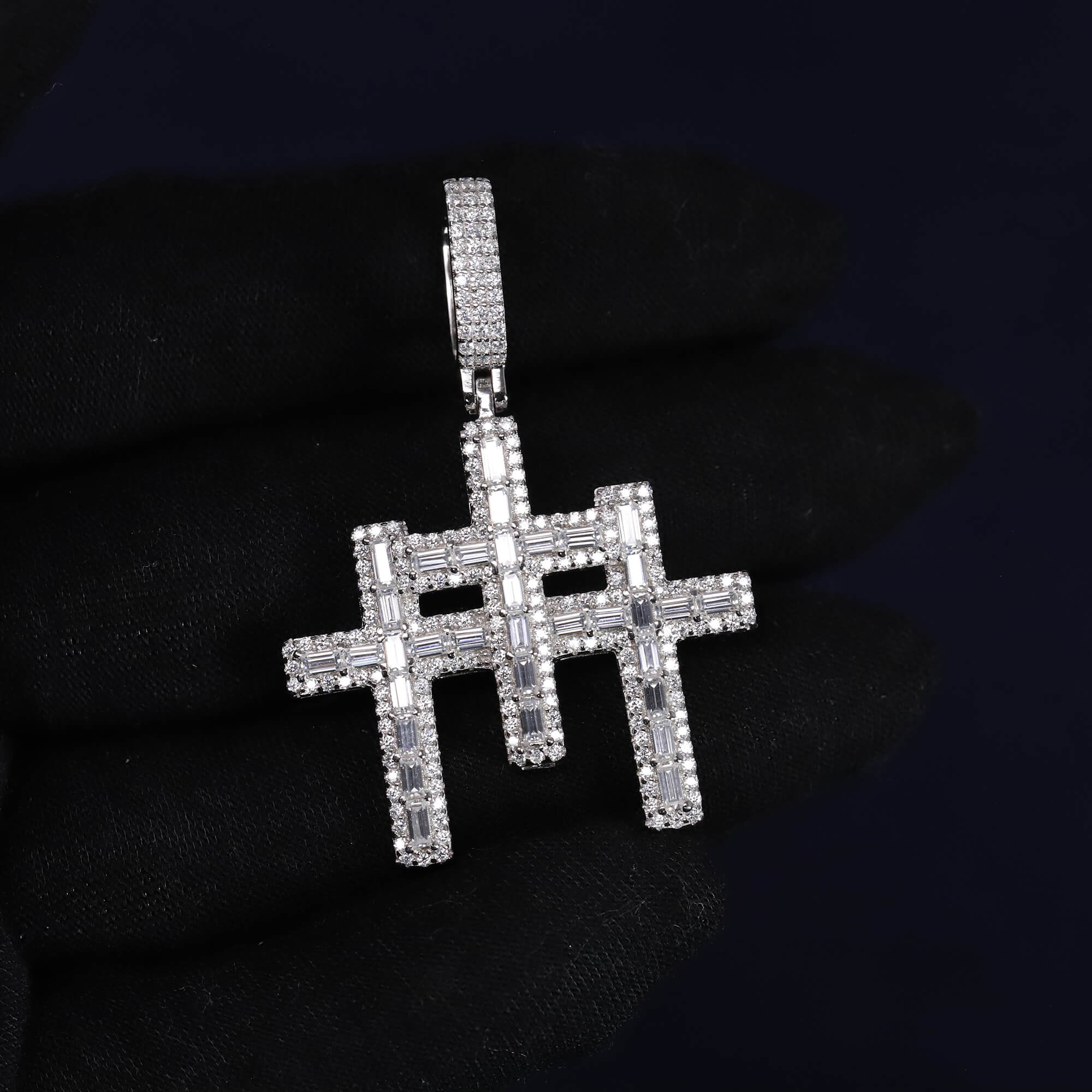 Iced Out 3.44CT Moissanite Baguette Triple Cross Pendant in Premium Sterling Silver