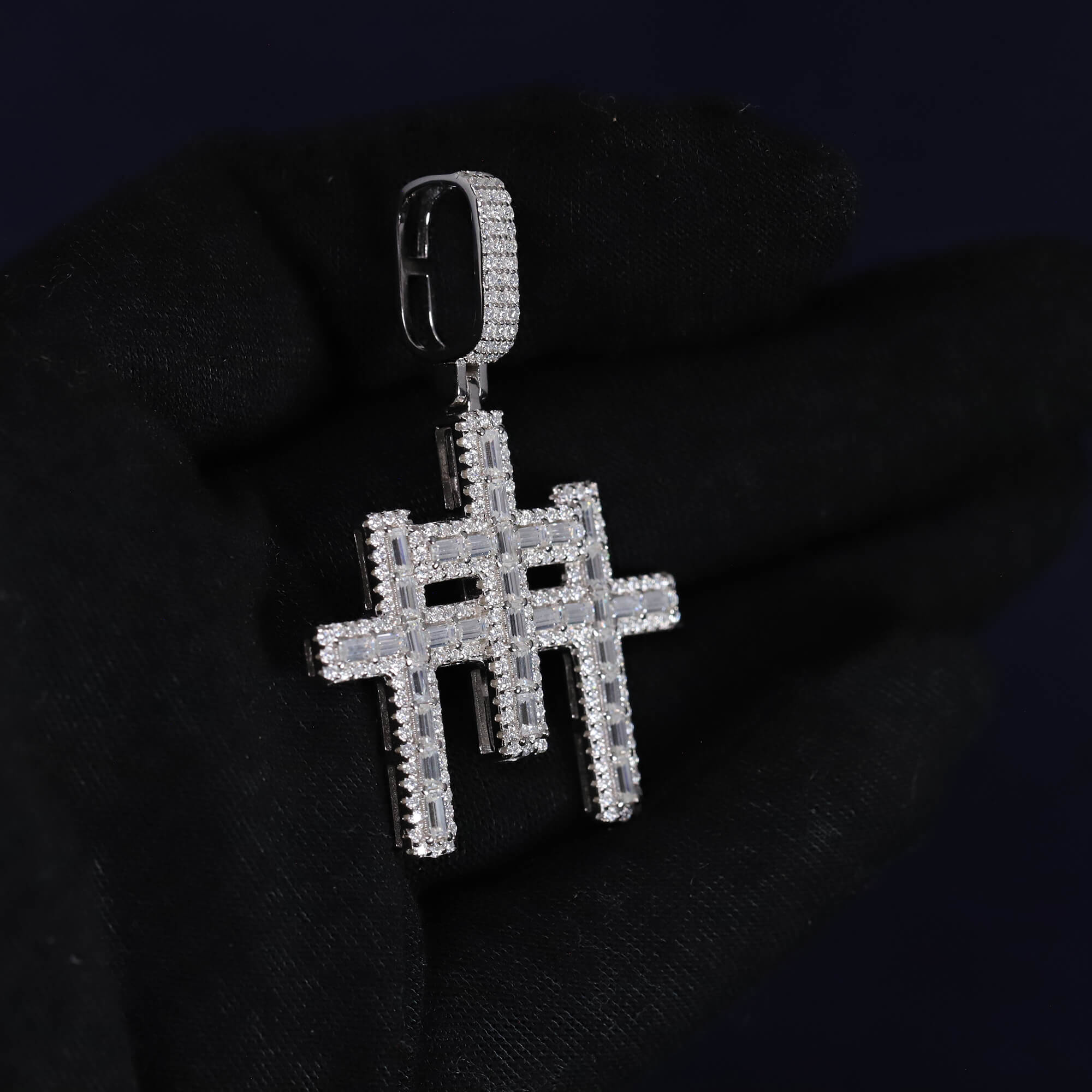 Iced Out 3.44CT Moissanite Baguette Triple Cross Pendant in Premium Sterling Silver