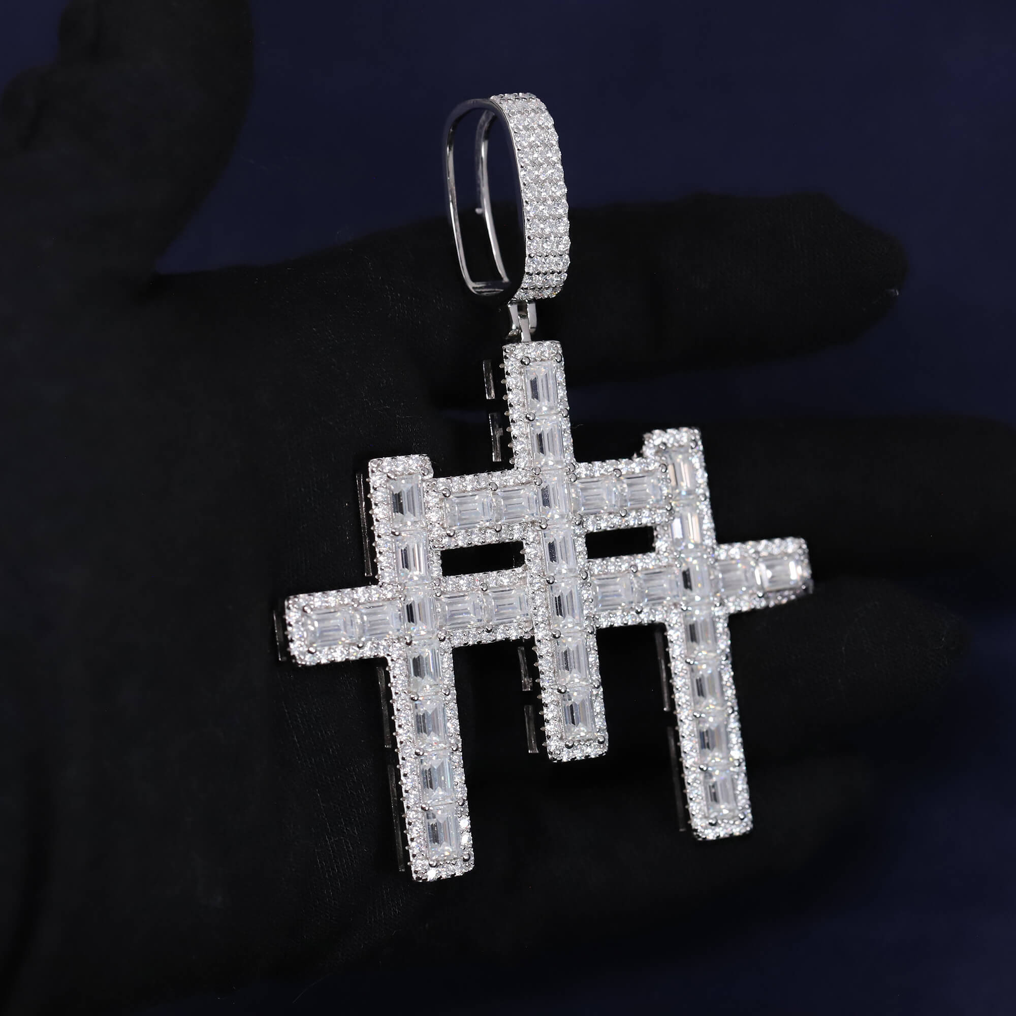 Iced Out 8.91CT Moissanite Baguette Triple Cross Pendant in Premium Sterling Silver