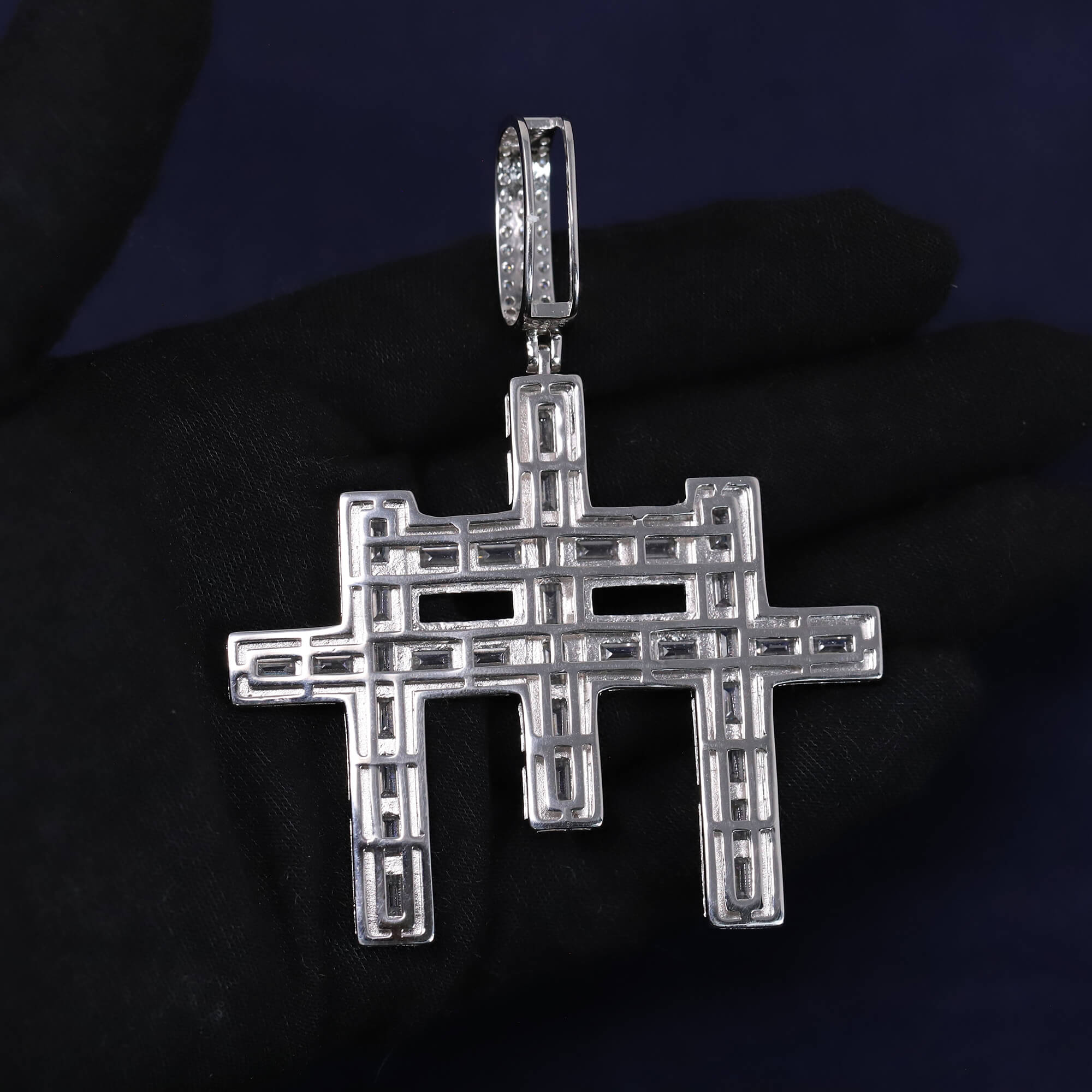 Iced Out 8.91CT Moissanite Baguette Triple Cross Pendant in Premium Sterling Silver