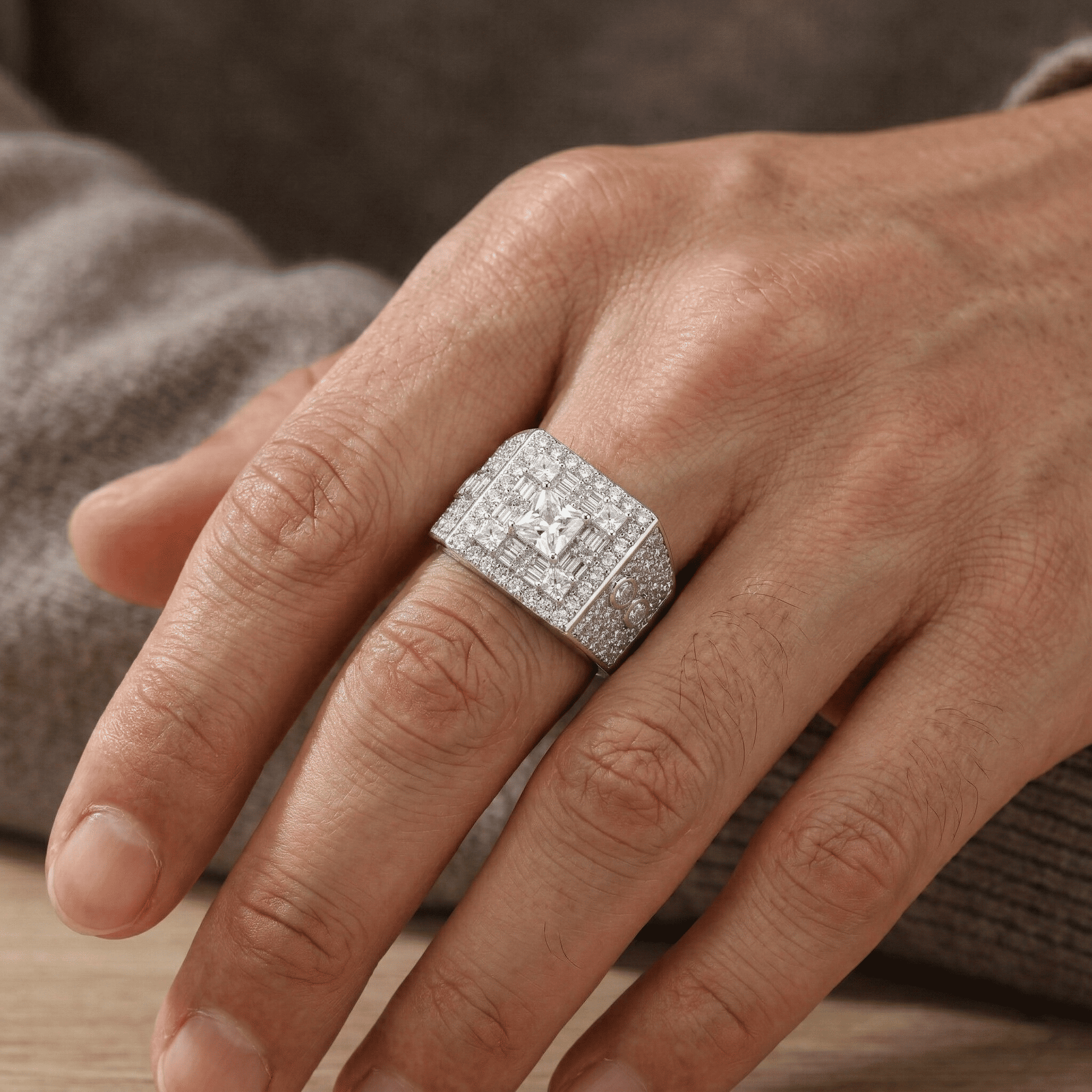 Iced Out 2.64CT Moissanite Rectangular Cluster Signet Ring in Premium Sterling Silver