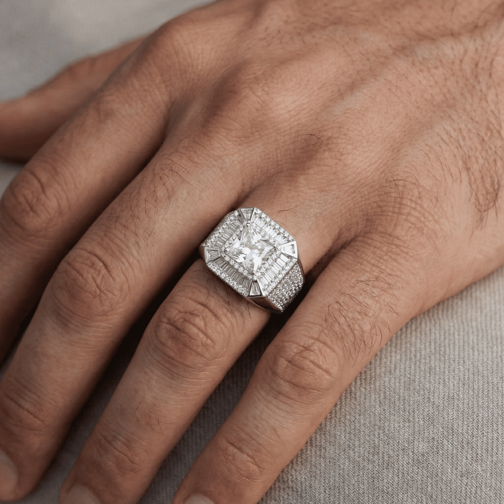 Iced Out 6.37CT Moissanite Princess Cut Baguette Halo Ring in Premium Sterling Silver