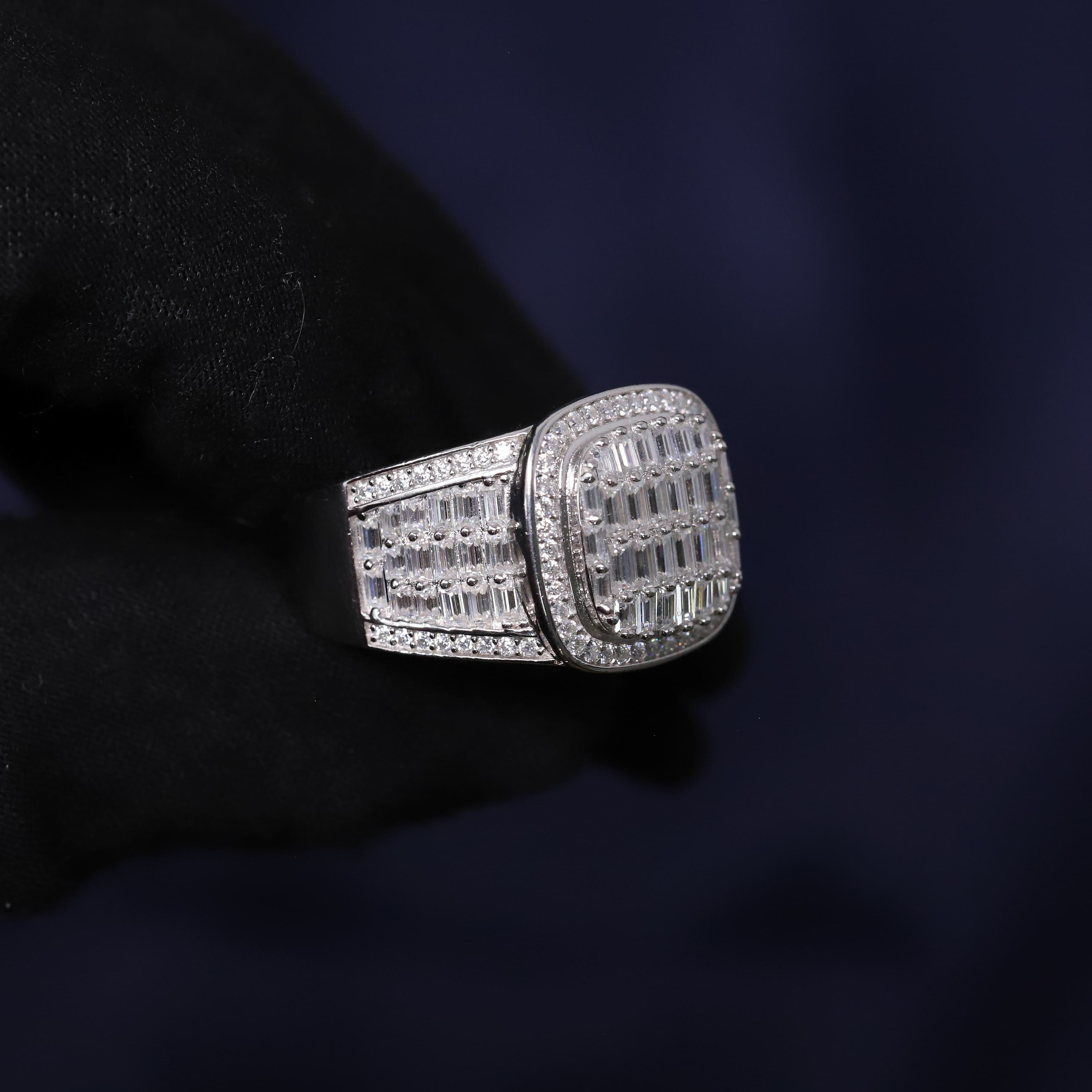 Iced Out 3.61CT Moissanite Cushion Baguette Ring in Premium Sterling Silver