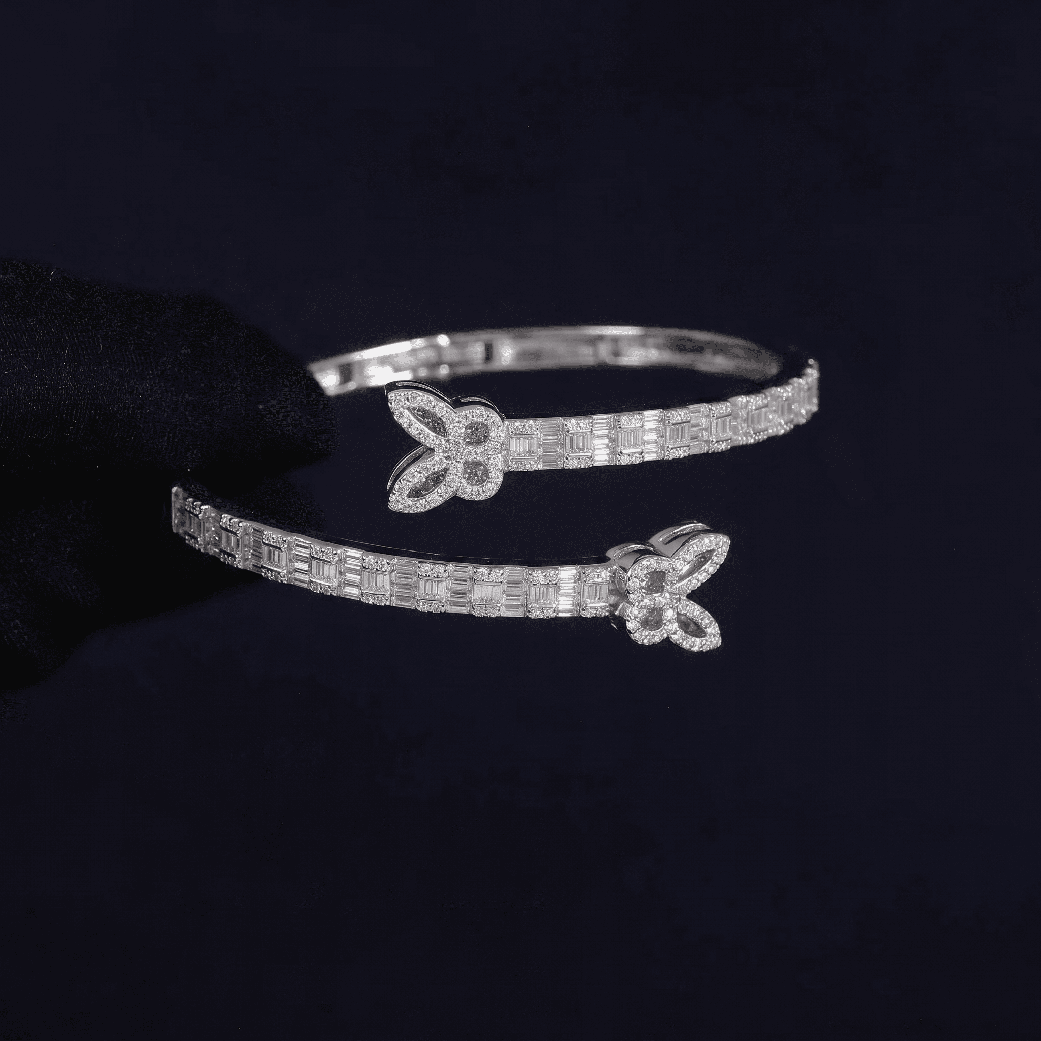 Iced Out 4.5CT Moissanite Baguette Butterfly Open Cuff Bangle in Premium Sterling Silver