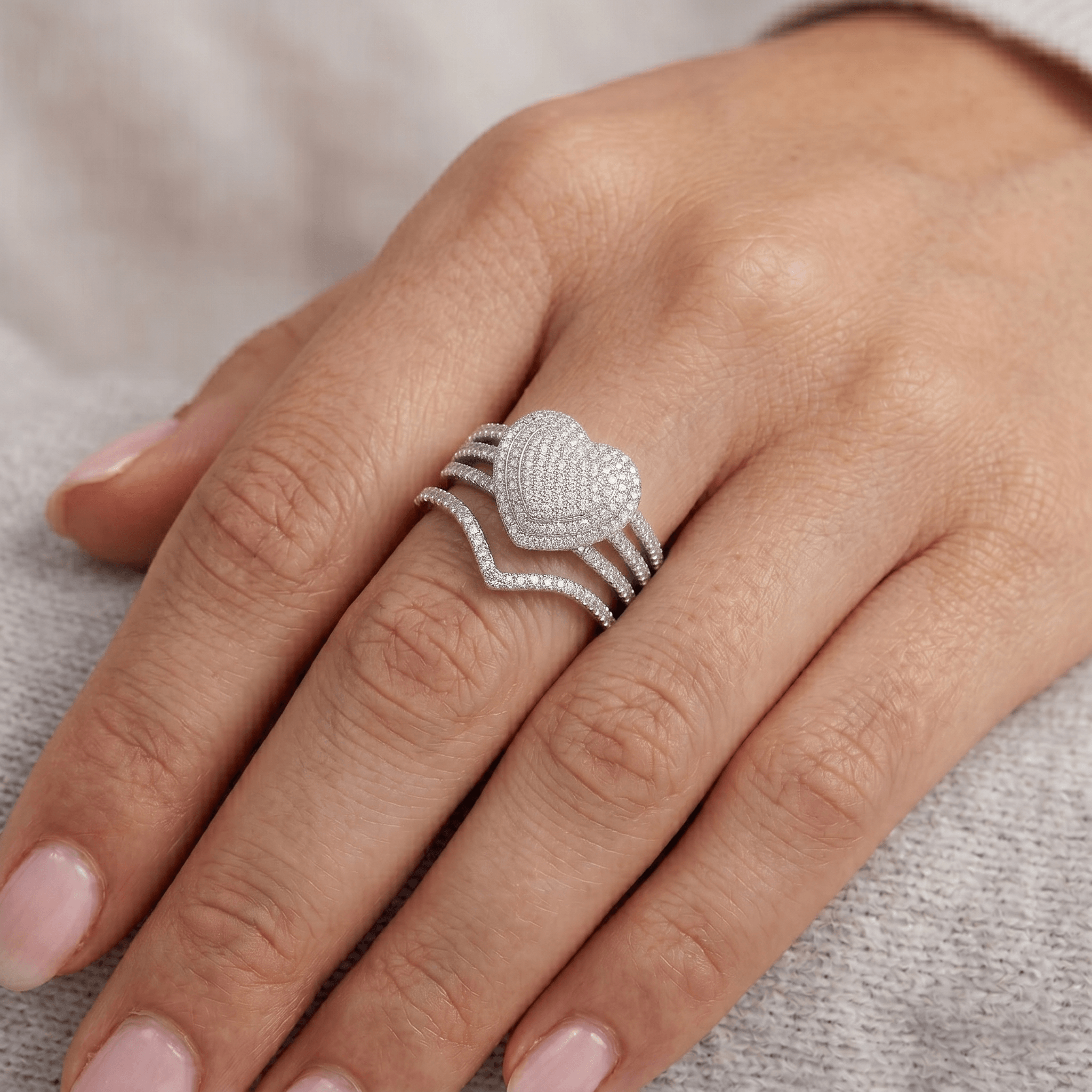 Iced Out 2 Piece 1.24CT Moissanite Heart Ring Set in Premium Sterling Silver