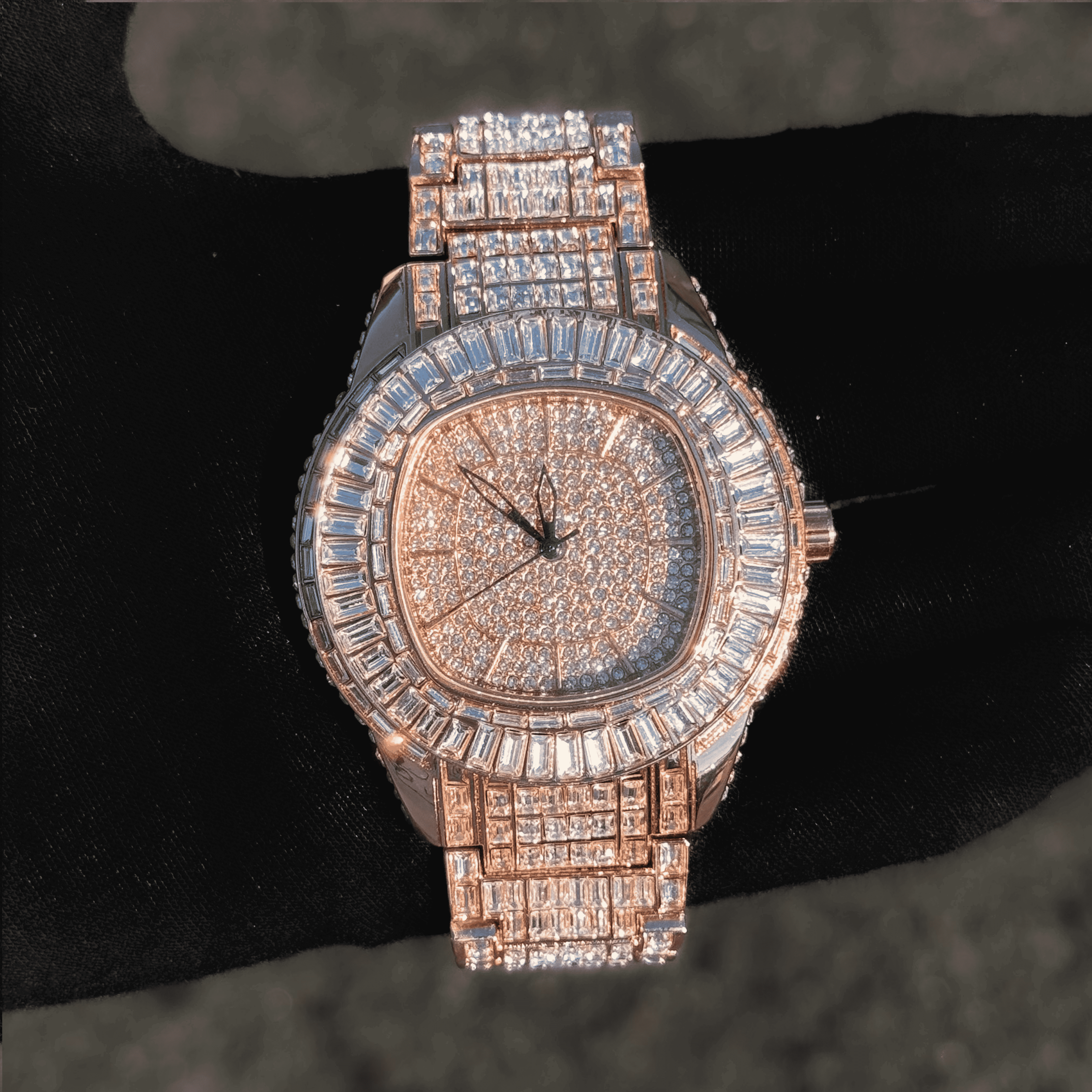 Rose gold Men’s 48mm Fully Iced Out Baguette Watch featuring pavé dial and baguette bezel.