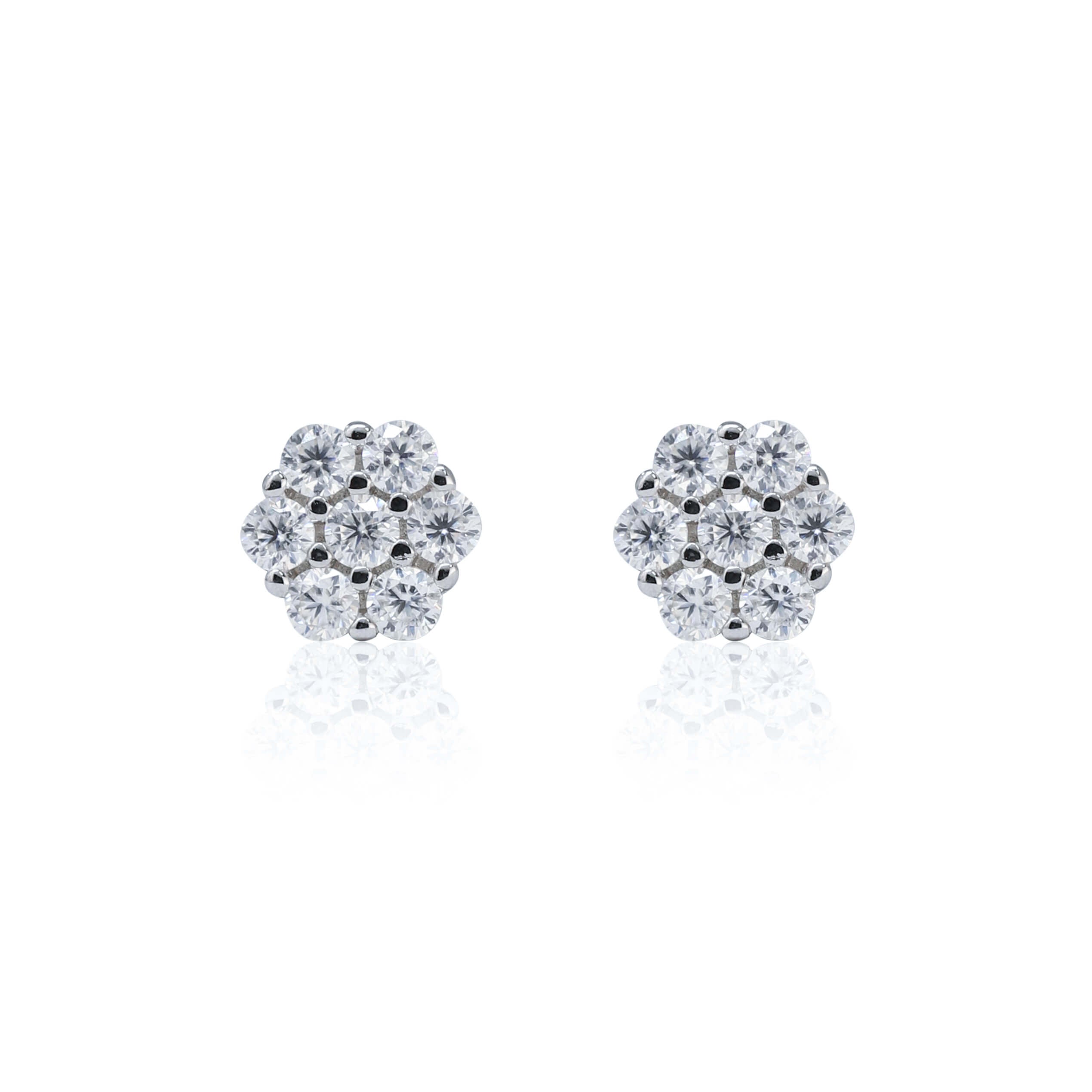 5mm flower moissanite cluster earrings in sterling silver with 0.32ct diamond sparkle.