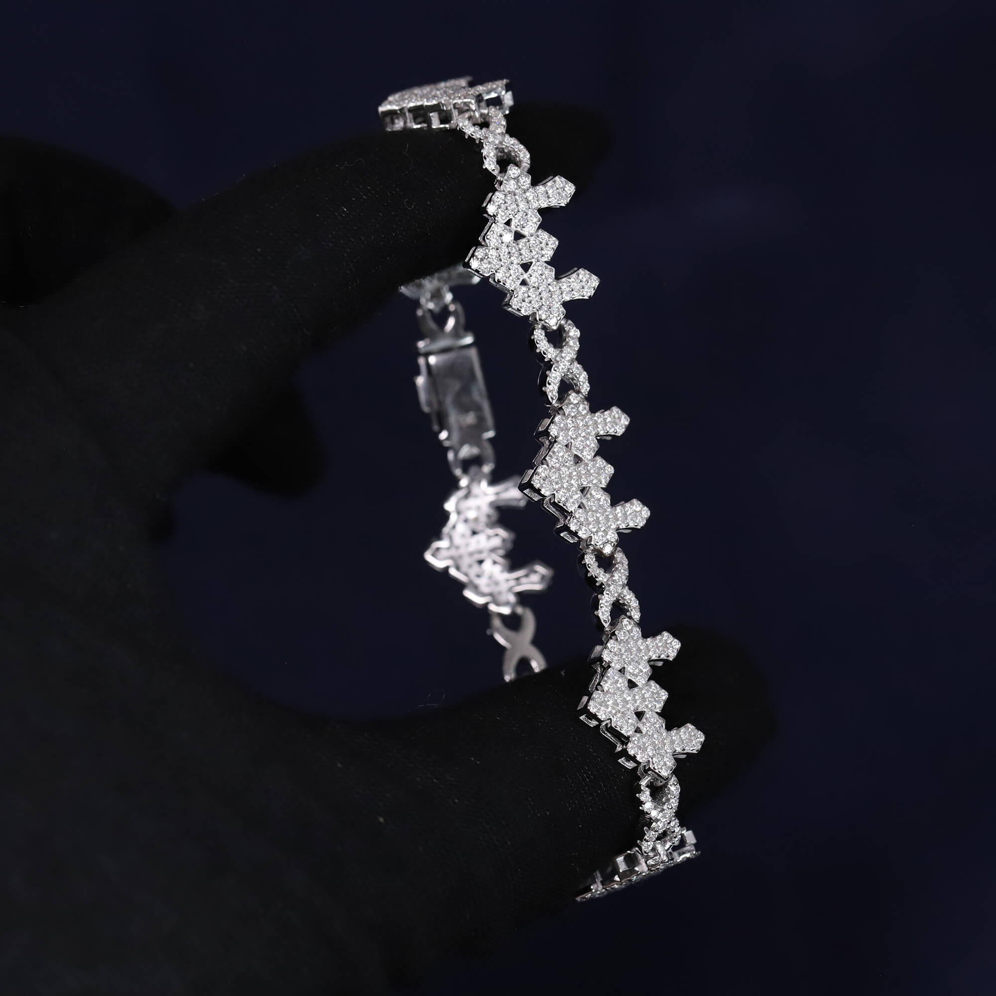 Iced Out 4.22CT Moissanite Triple Cross Link Bracelet in Premium Sterling Silver