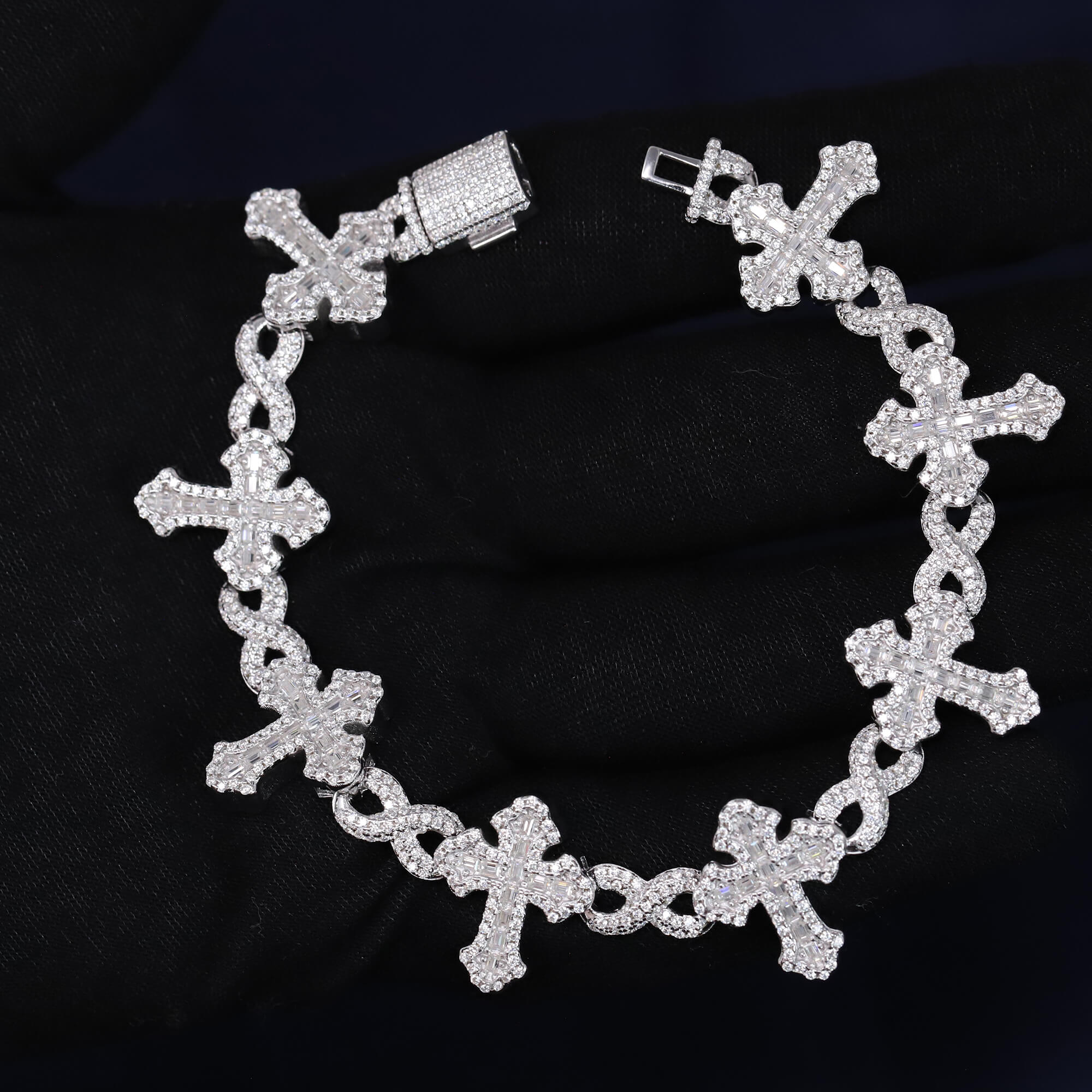 Iced Out 7.06CT Moissanite Baguette Cross Link Bracelet in Premium Sterling Silver