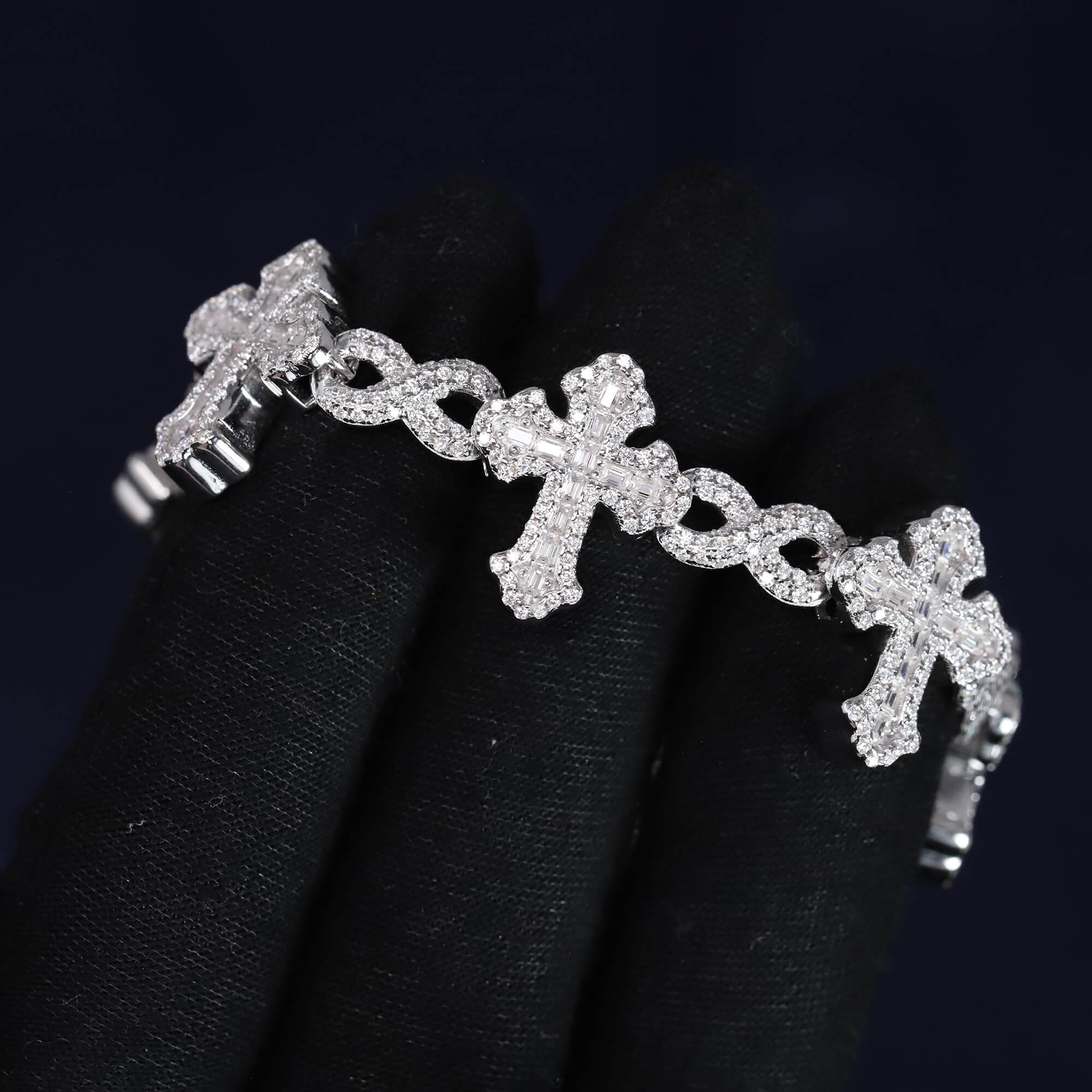 Iced Out 7.06CT Moissanite Baguette Cross Link Bracelet in Premium Sterling Silver
