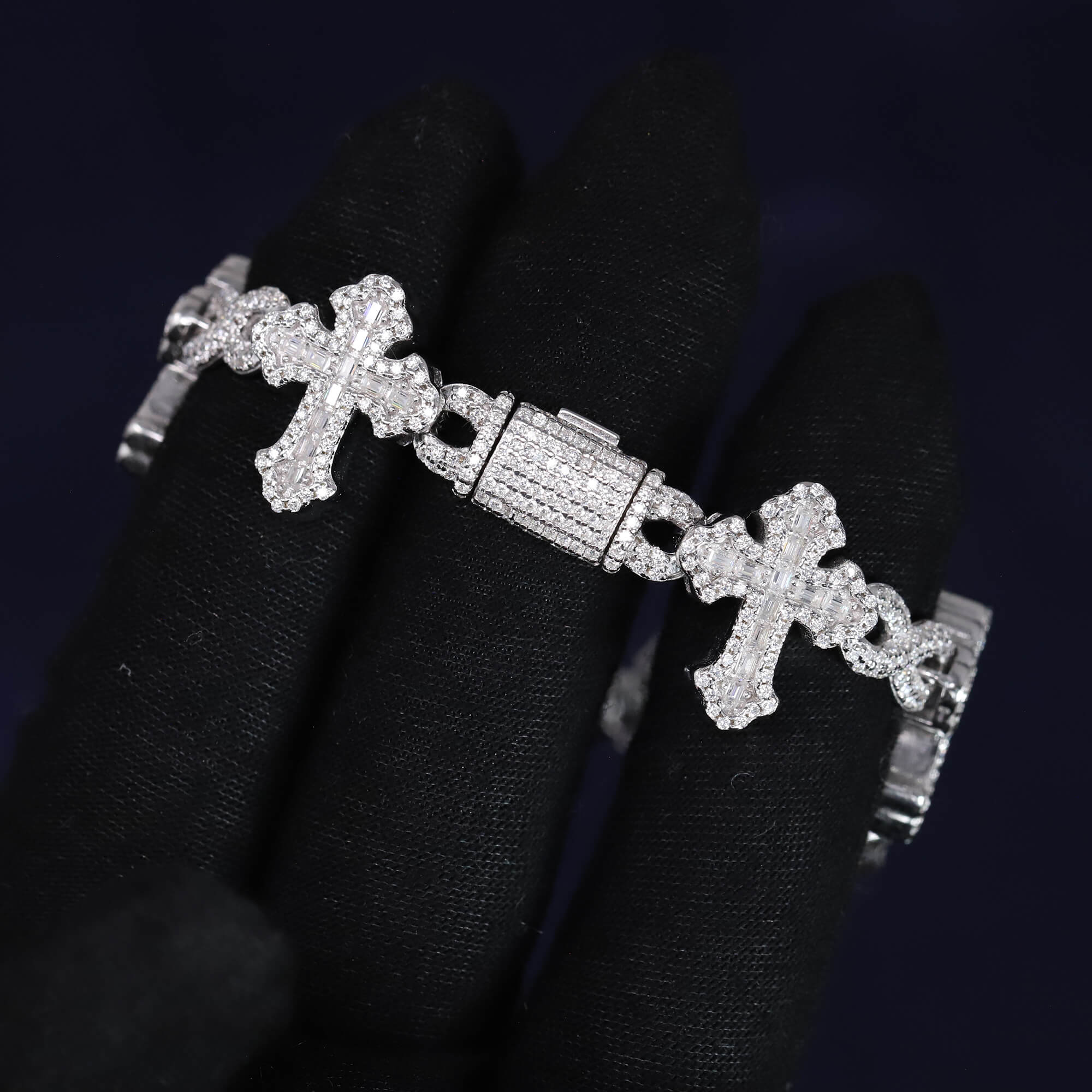Iced Out 7.06CT Moissanite Baguette Cross Link Bracelet in Premium Sterling Silver