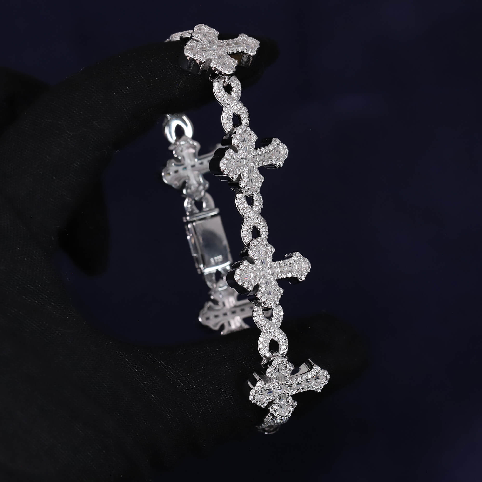 Iced Out 7.06CT Moissanite Baguette Cross Link Bracelet in Premium Sterling Silver