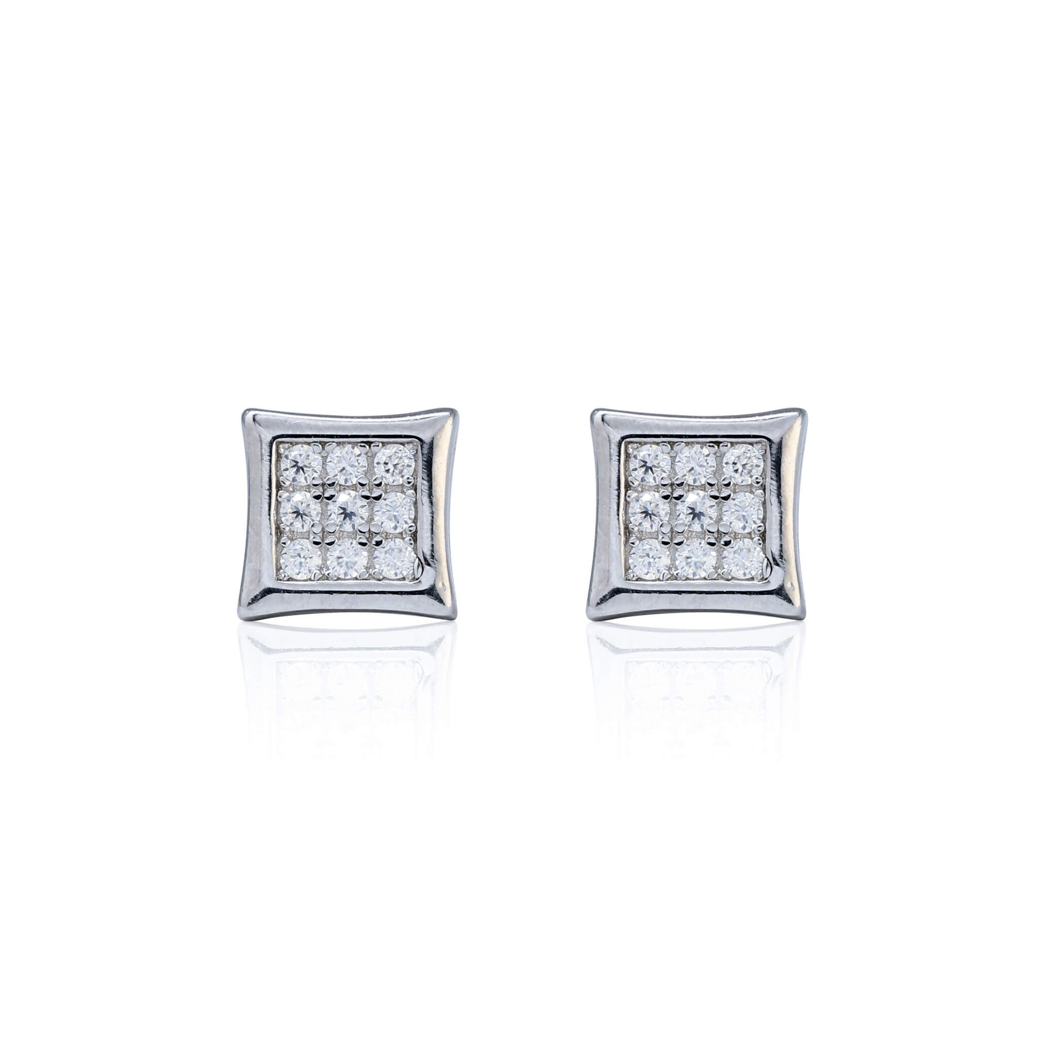 6mm square moissanite cluster earrings in sterling silver with pavé diamond studs front view.