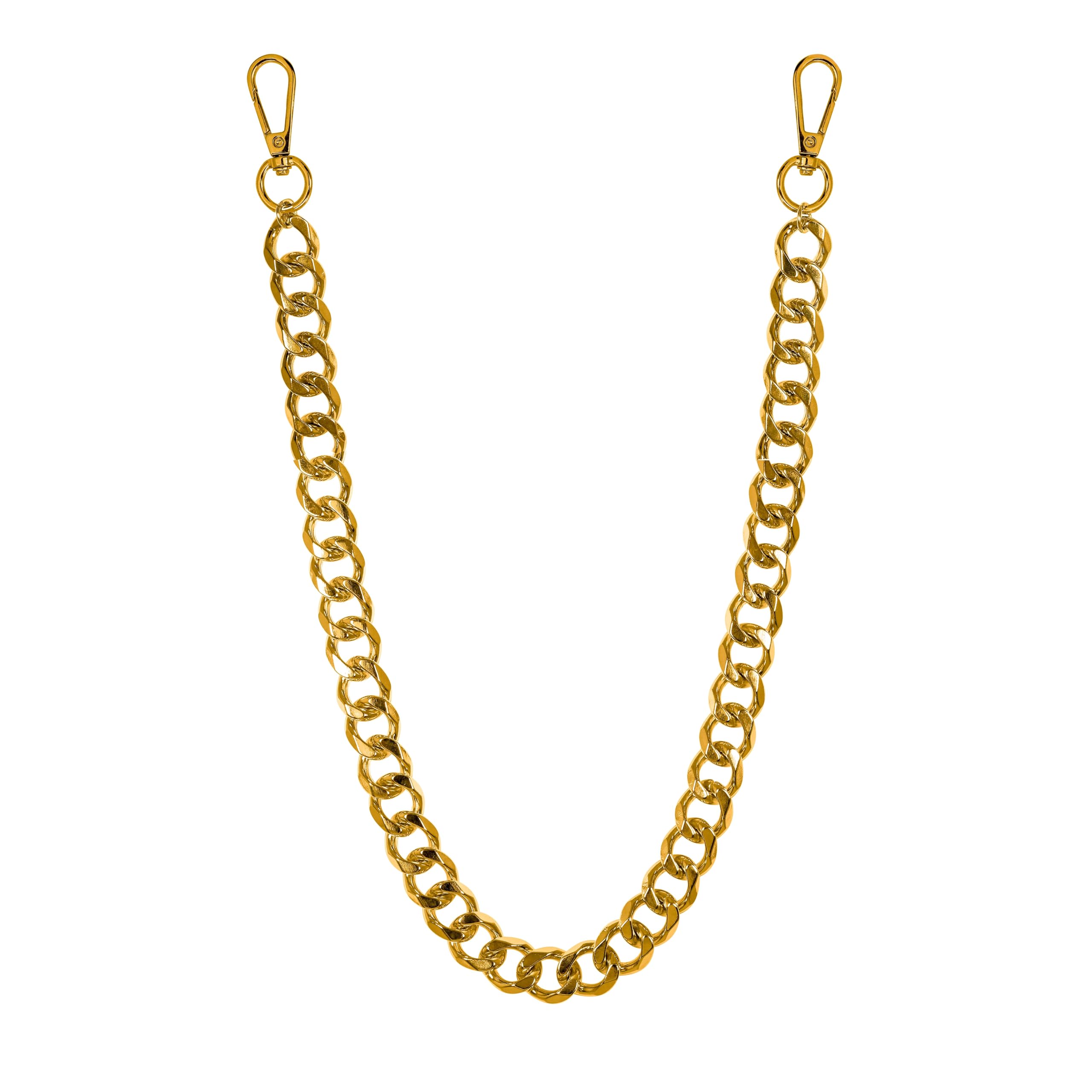Solid 14mm Cuban Link Pant Chain in shiny gold finish with dual lobster clasps displayed.
