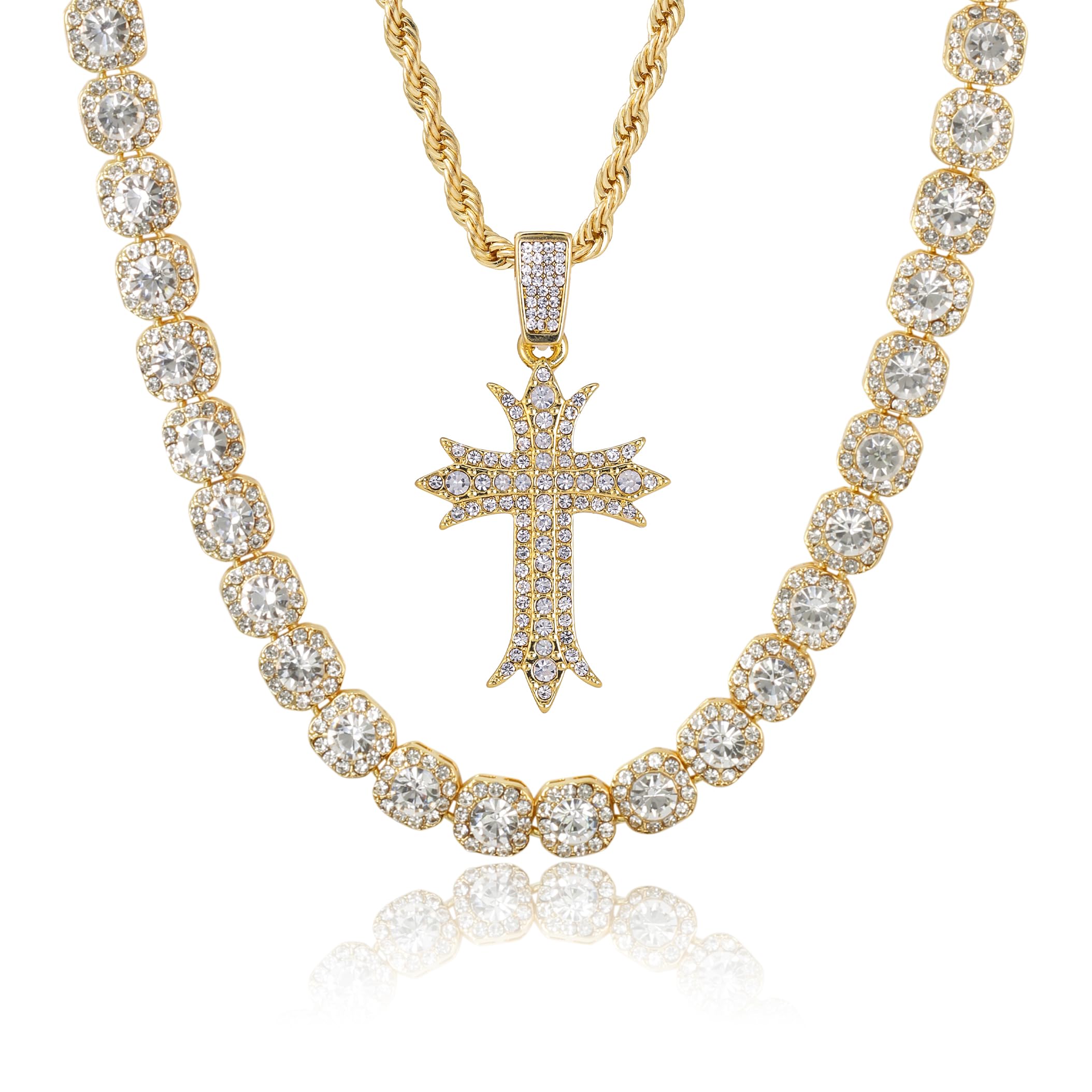 Men's Iced Out Pendant Necklace & Cluster Chain Set