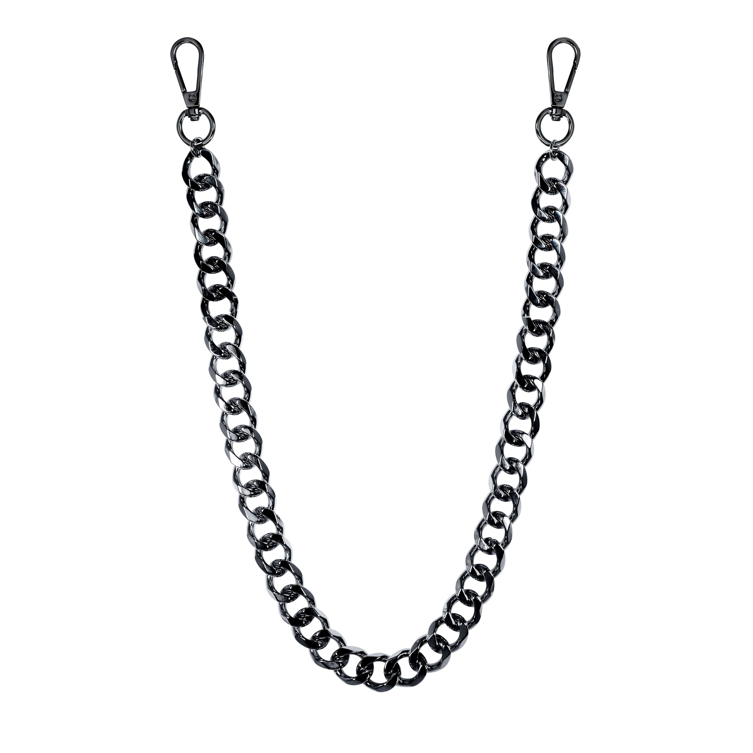 Solid 14mm Cuban Link Pant Chain in black metal with dual clip hooks shown on white background.