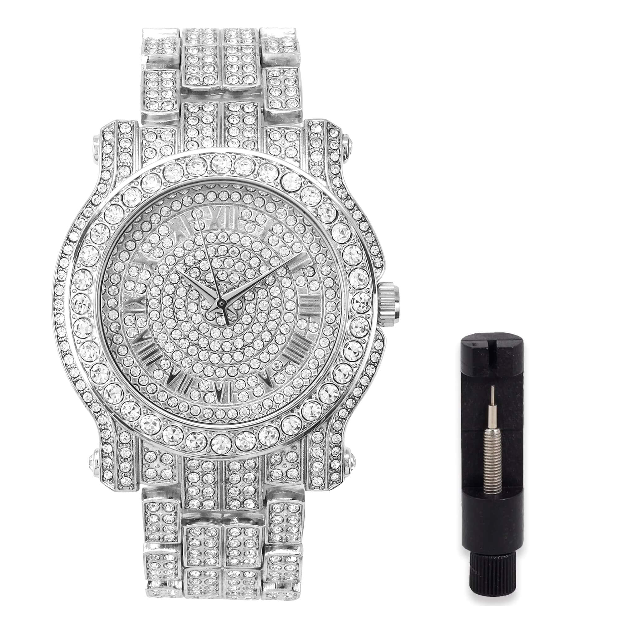 Men’s 45mm Iced Out Roman Dial Watch - Silicone Band, Quartz Movement