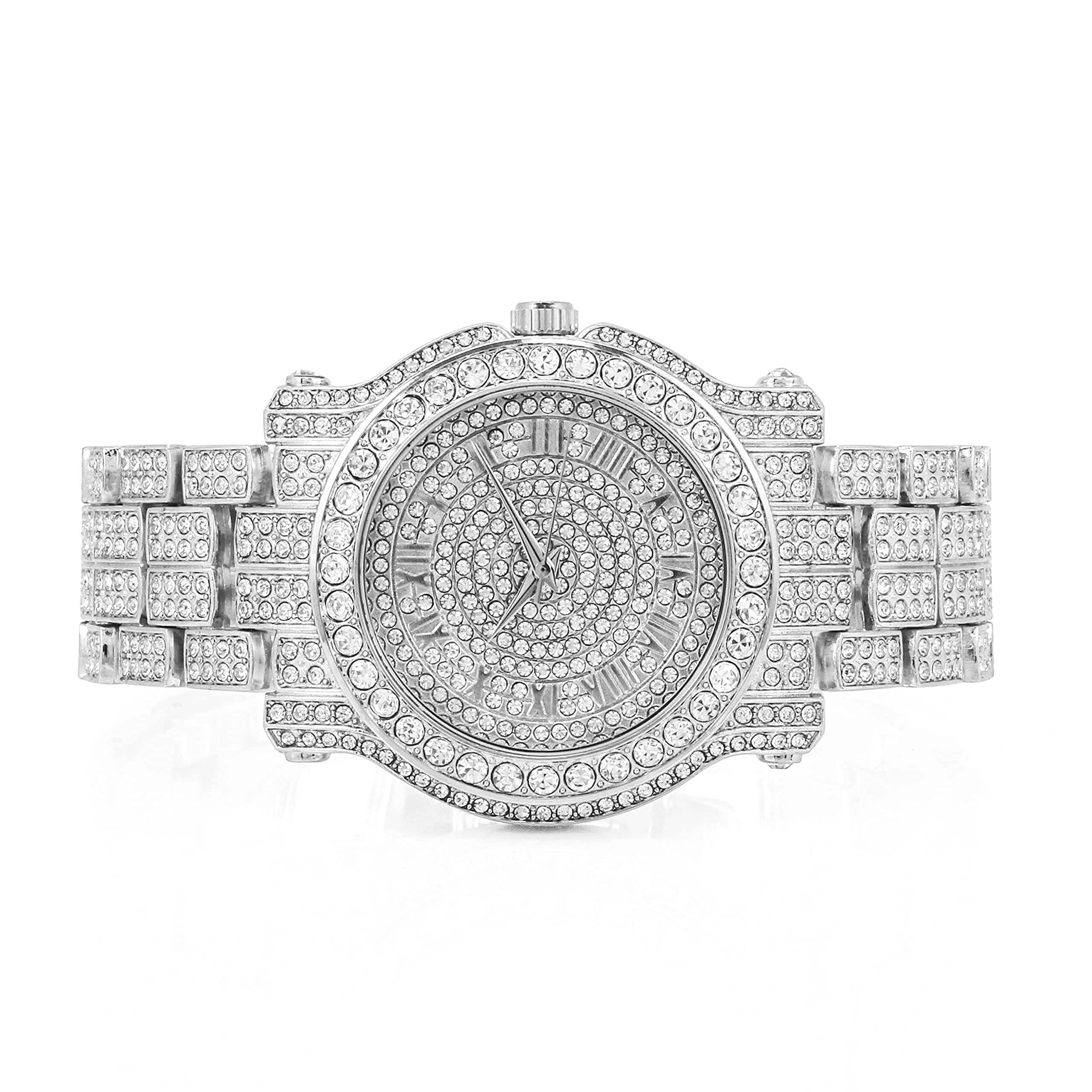 Men’s 45mm Iced Out Roman Dial Watch - Silicone Band, Quartz Movement