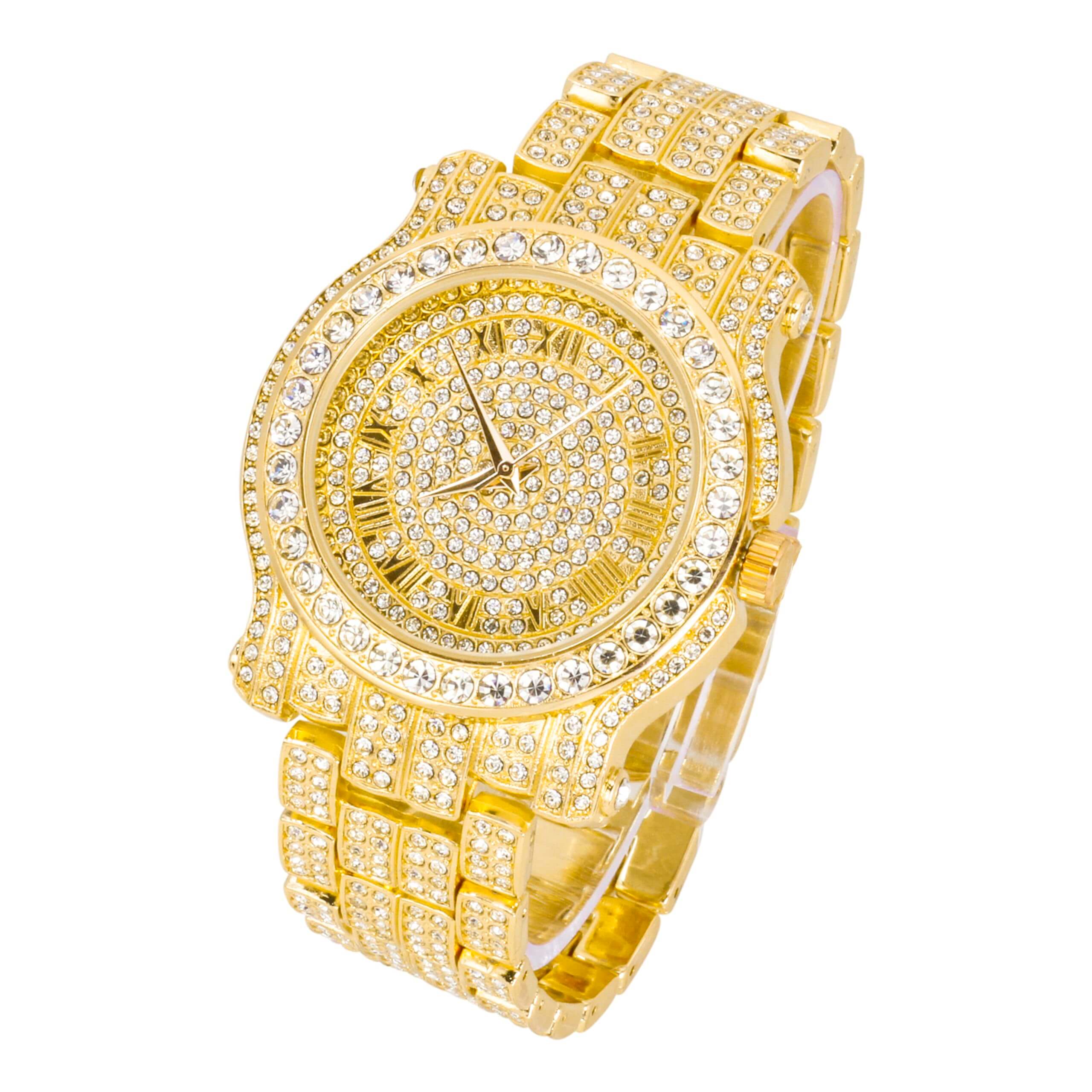 Men’s 45mm Iced Out Roman Dial Watch - Silicone Band, Quartz Movement