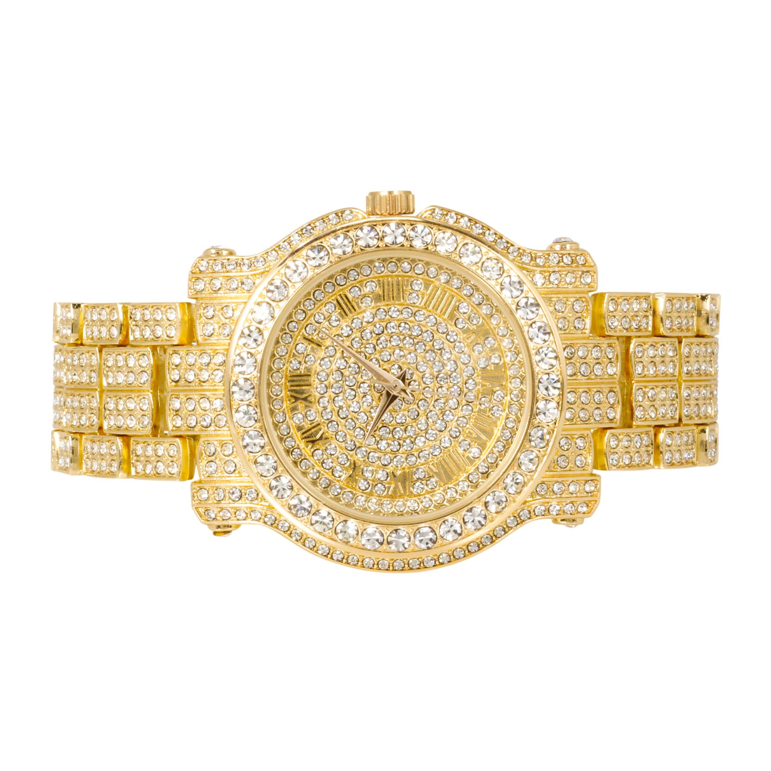 Men’s 45mm Iced Out Roman Dial Watch - Silicone Band, Quartz Movement