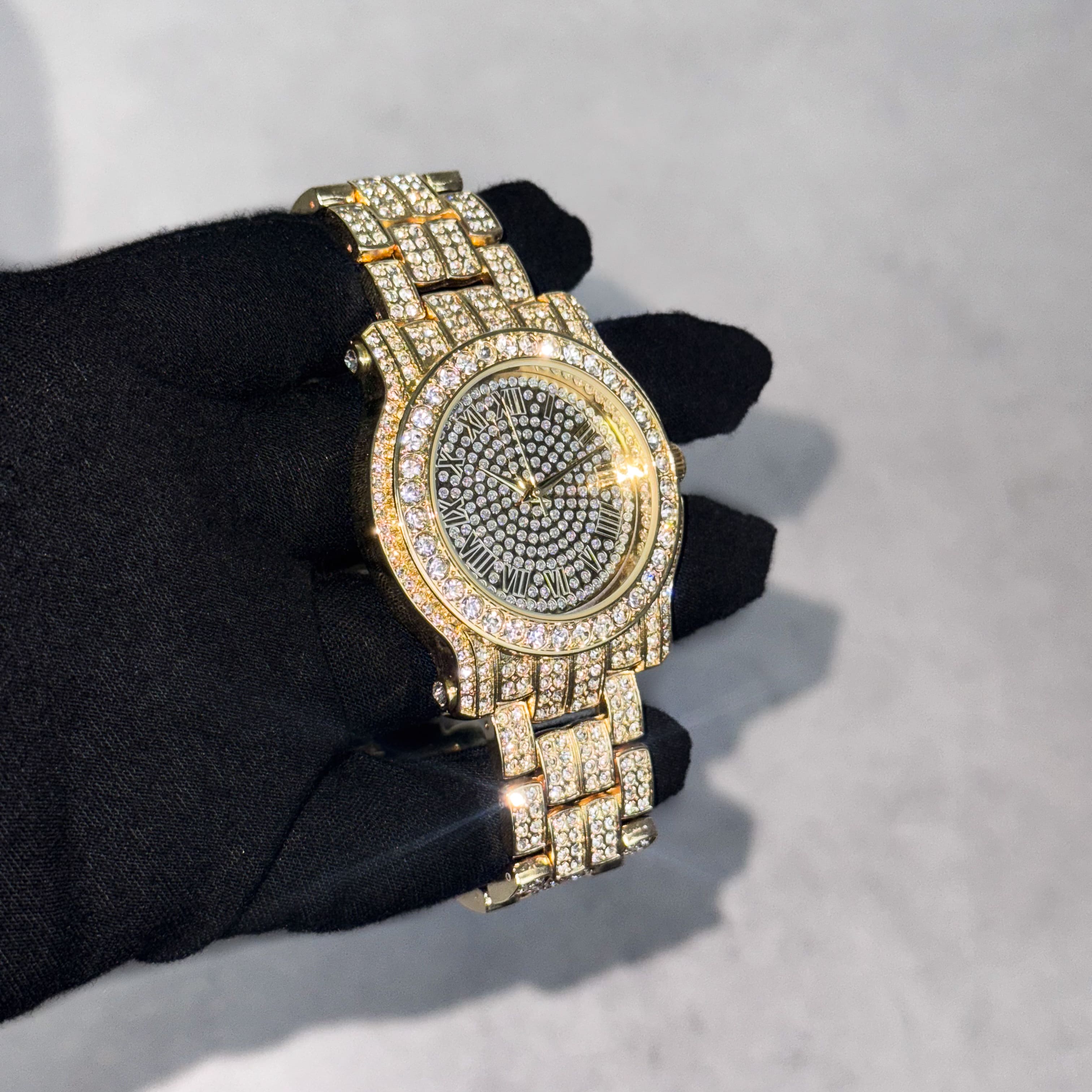 Men's 43mm Iced Out Roman Dial Watch - Metal Band, Quartz Movement