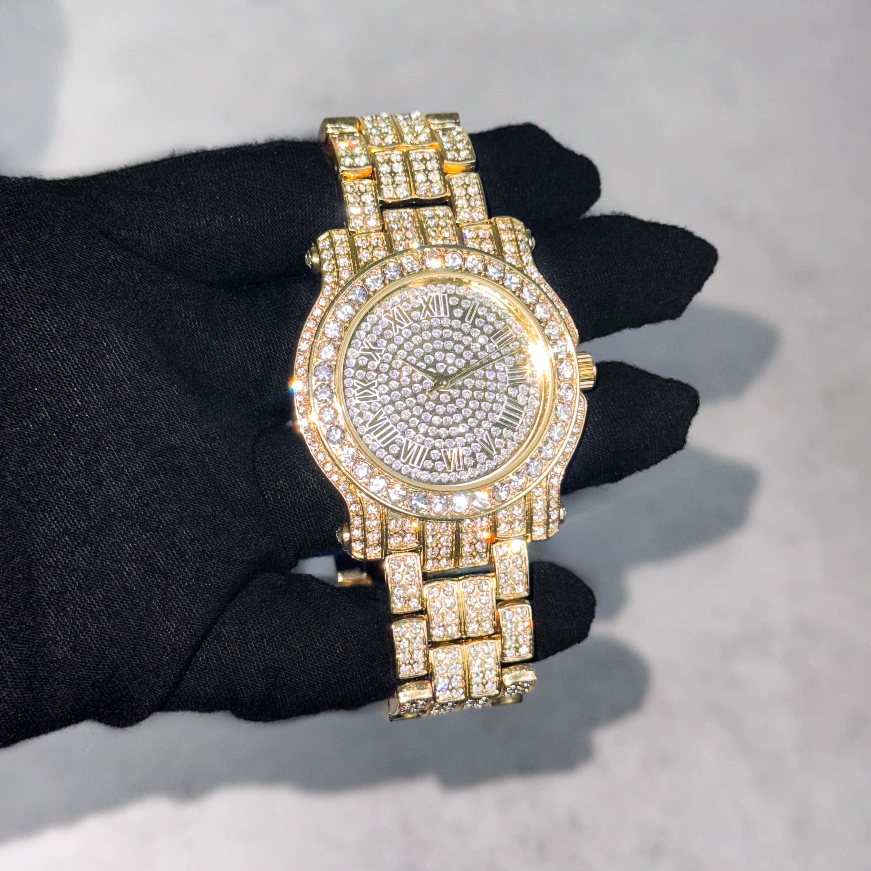 Men's 43mm Iced Out Roman Dial Watch - Metal Band, Quartz Movement