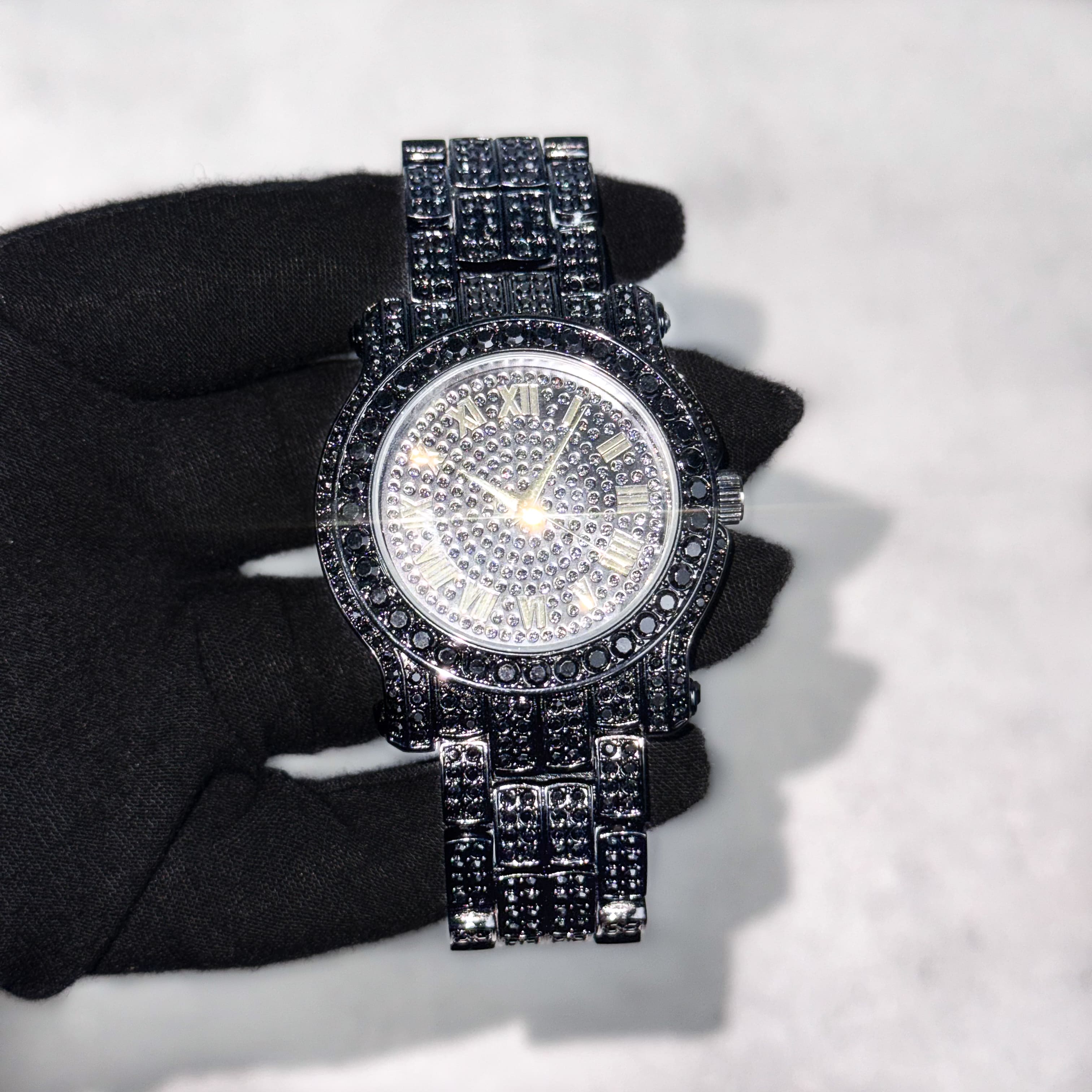 Men's 43mm Iced Out Roman Dial Watch - Metal Band, Quartz Movement