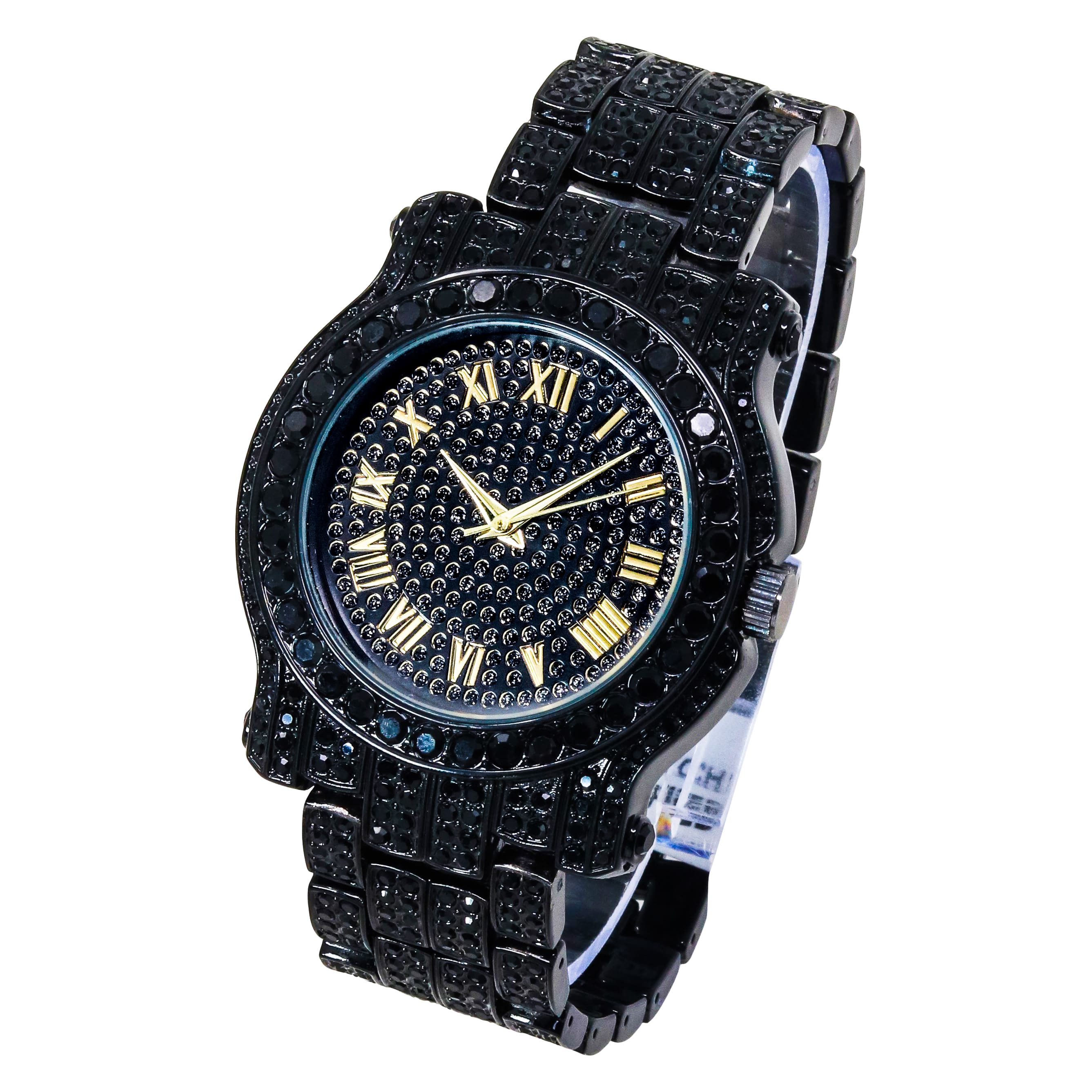 Men's 43mm Iced Out Roman Dial Watch - Metal Band, Quartz Movement