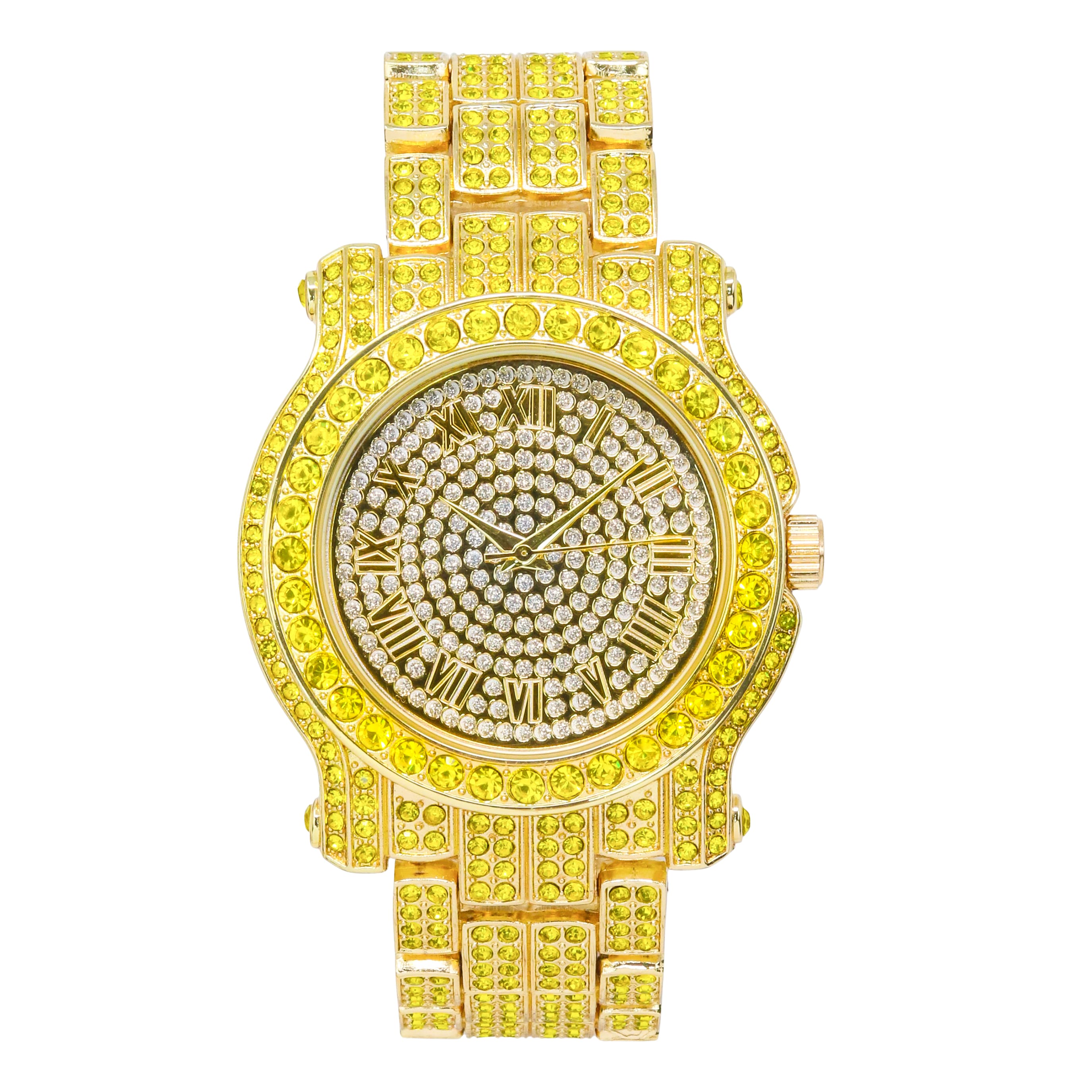 Men's 43mm Iced Out Roman Dial Watch - Metal Band, Quartz Movement