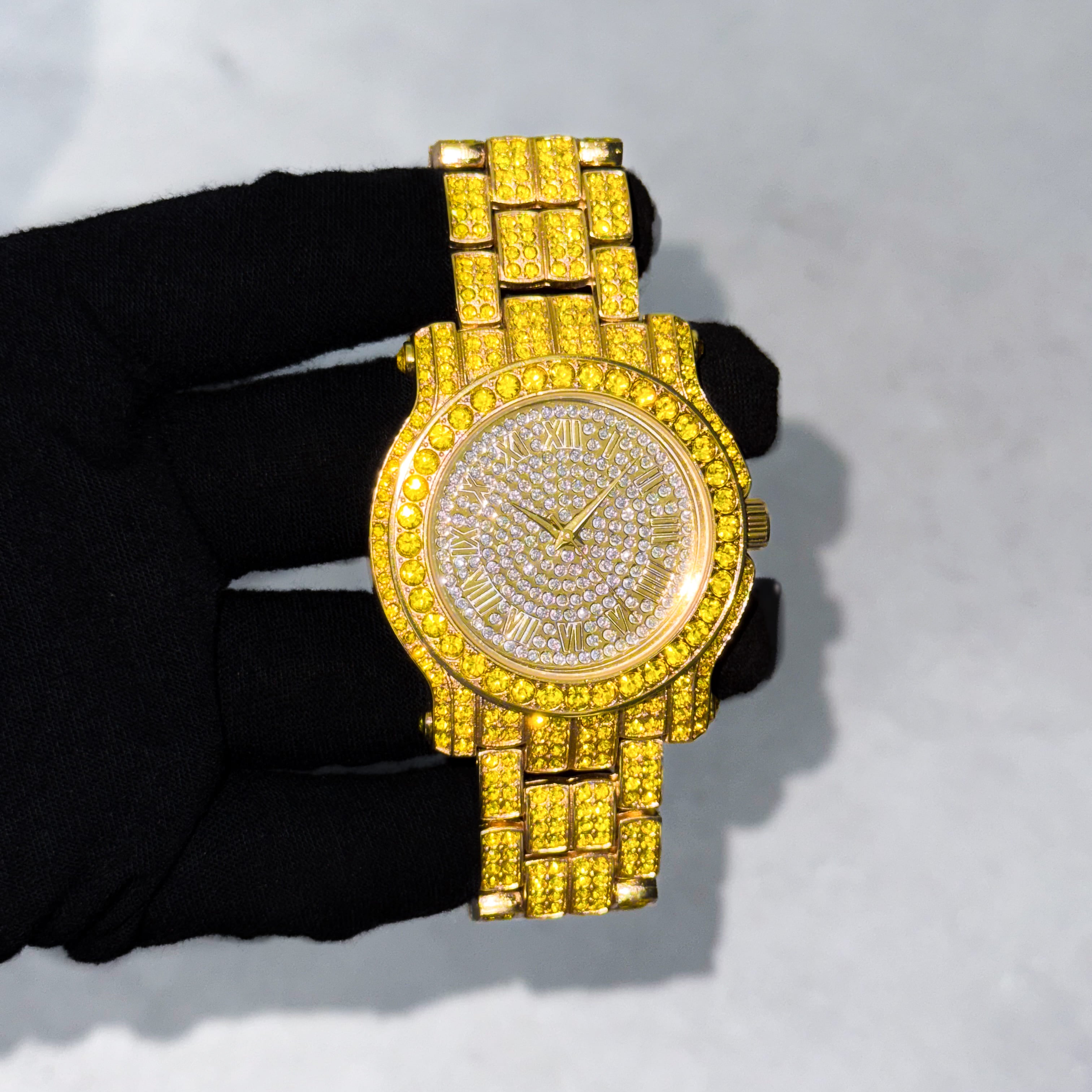 Men's 43mm Iced Out Roman Dial Watch - Metal Band, Quartz Movement