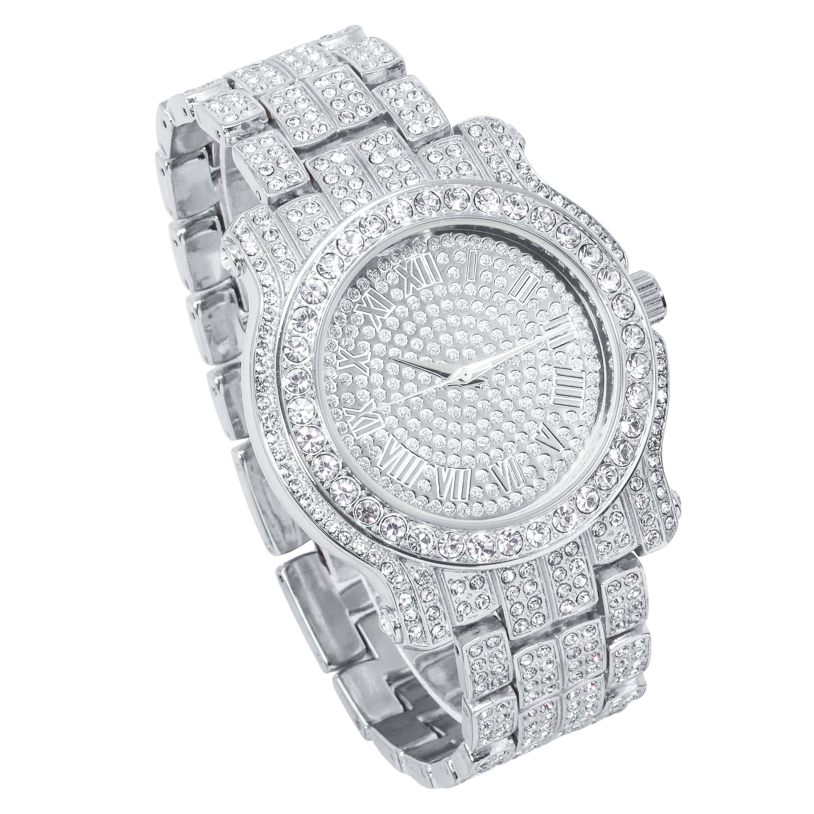 Men's 43mm Iced Out Roman Dial Watch - Metal Band, Quartz Movement