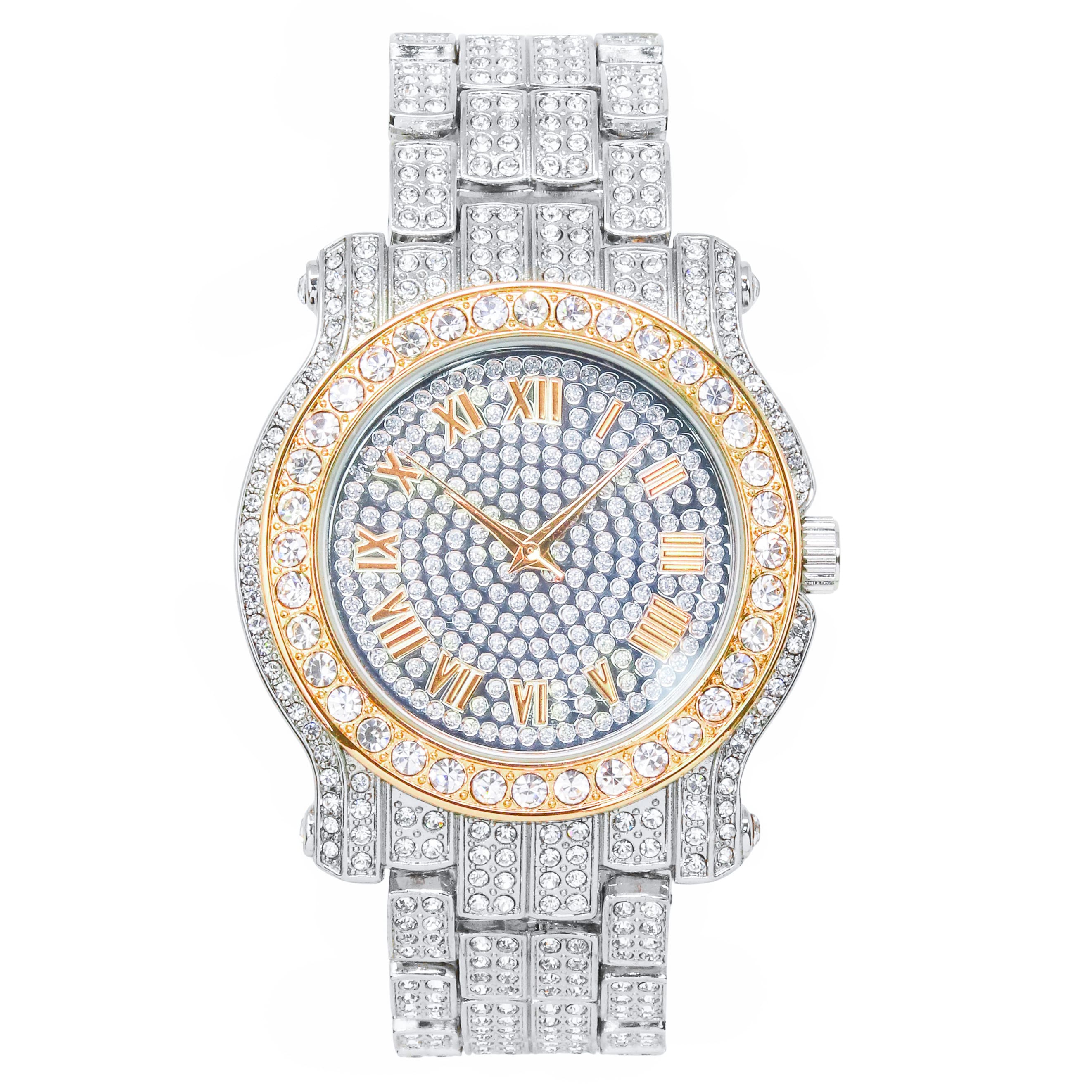 Men's 43mm Iced Out Roman Dial Watch - Metal Band, Quartz Movement