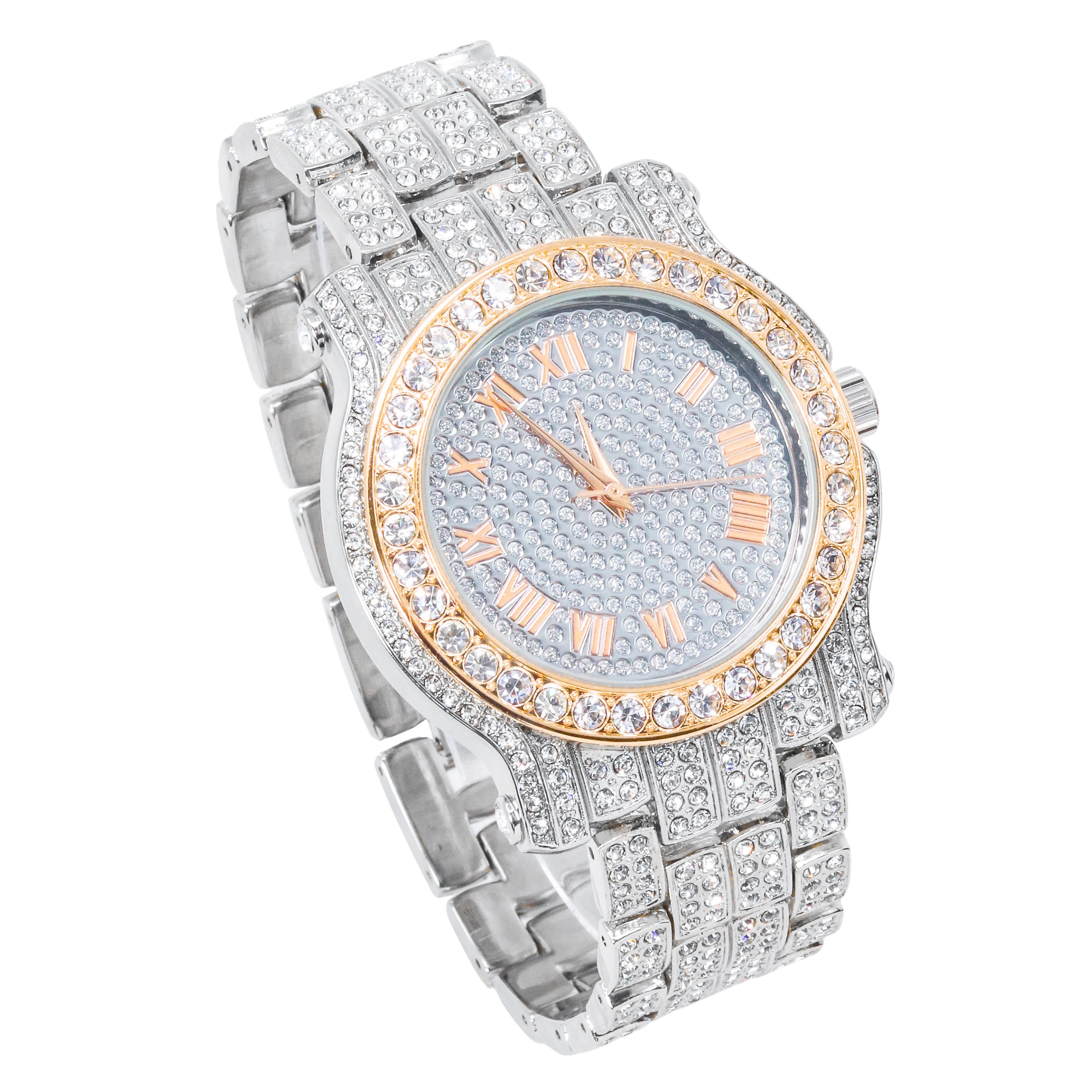 Men's 43mm Iced Out Roman Dial Watch - Metal Band, Quartz Movement