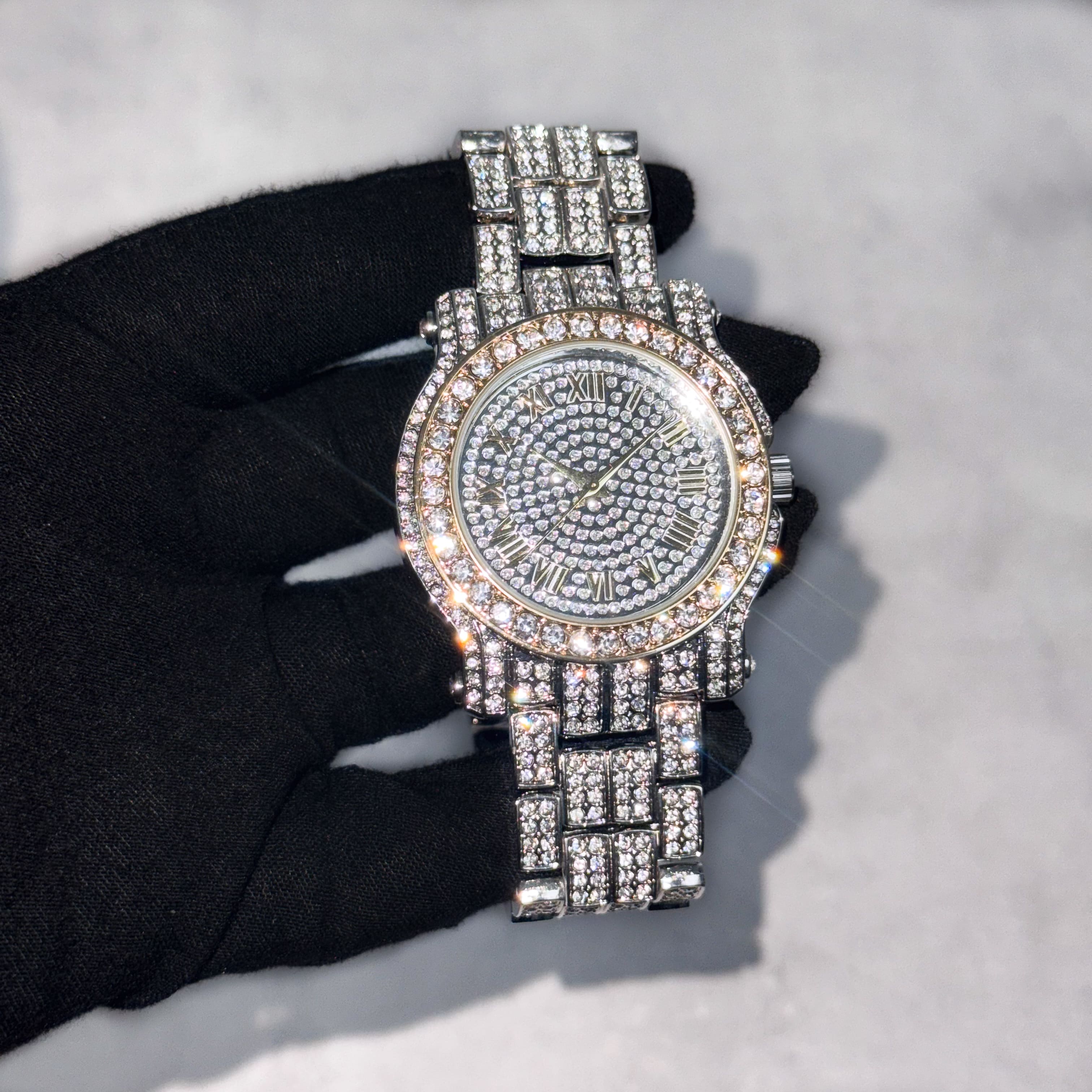 Men's 43mm Iced Out Roman Dial Watch - Metal Band, Quartz Movement