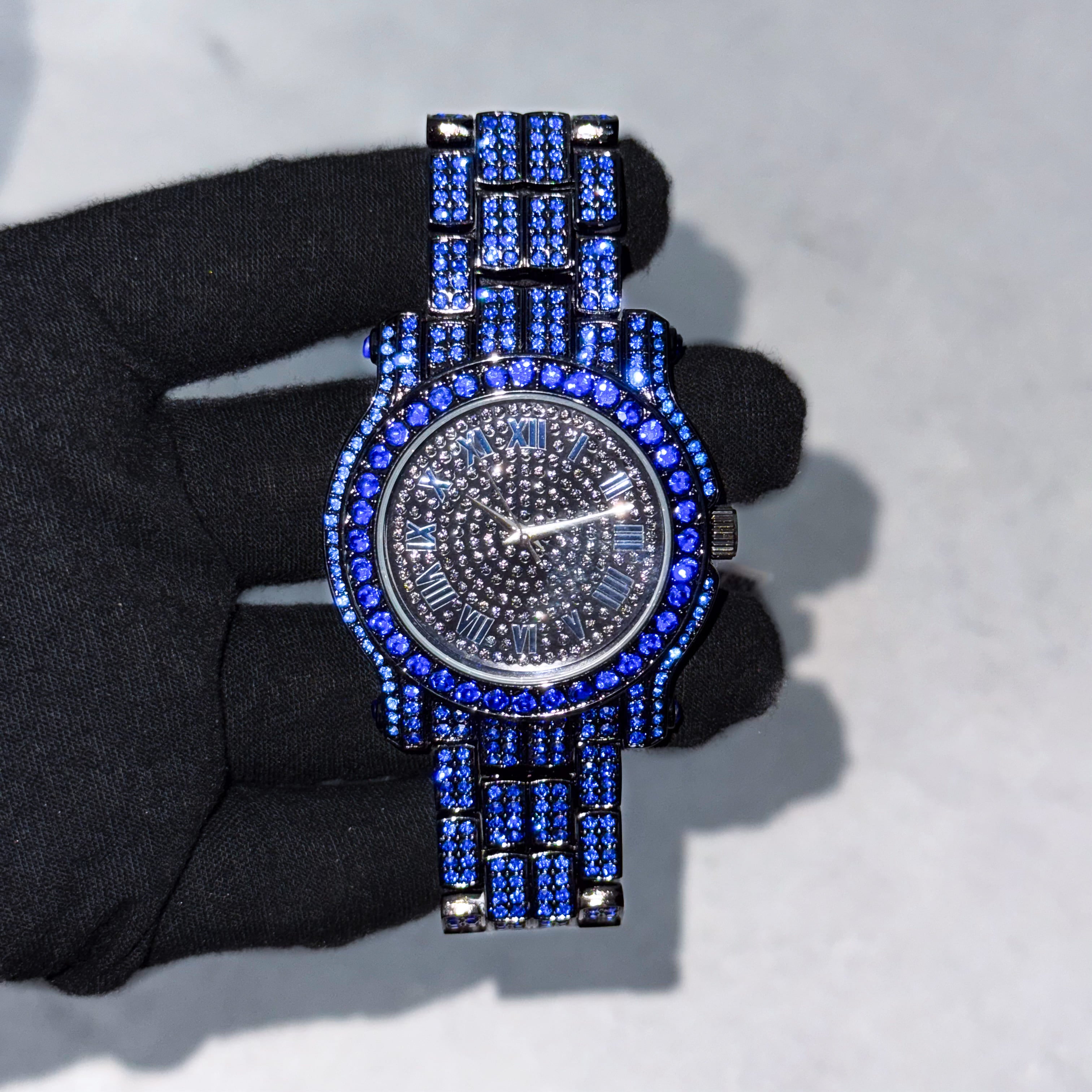 Men's 43mm Iced Out Roman Dial Watch - Metal Band, Quartz Movement
