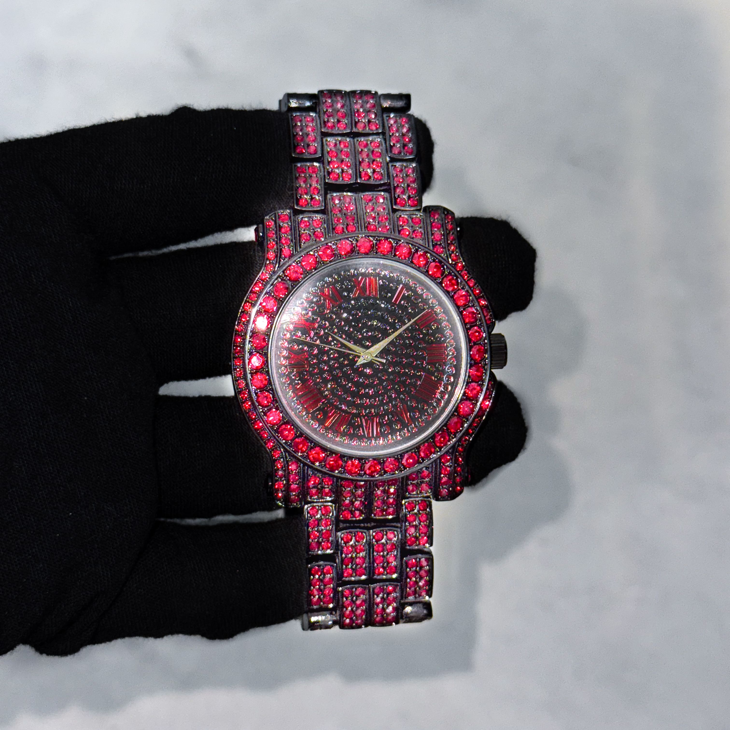 Men's 43mm Iced Out Roman Dial Watch - Metal Band, Quartz Movement